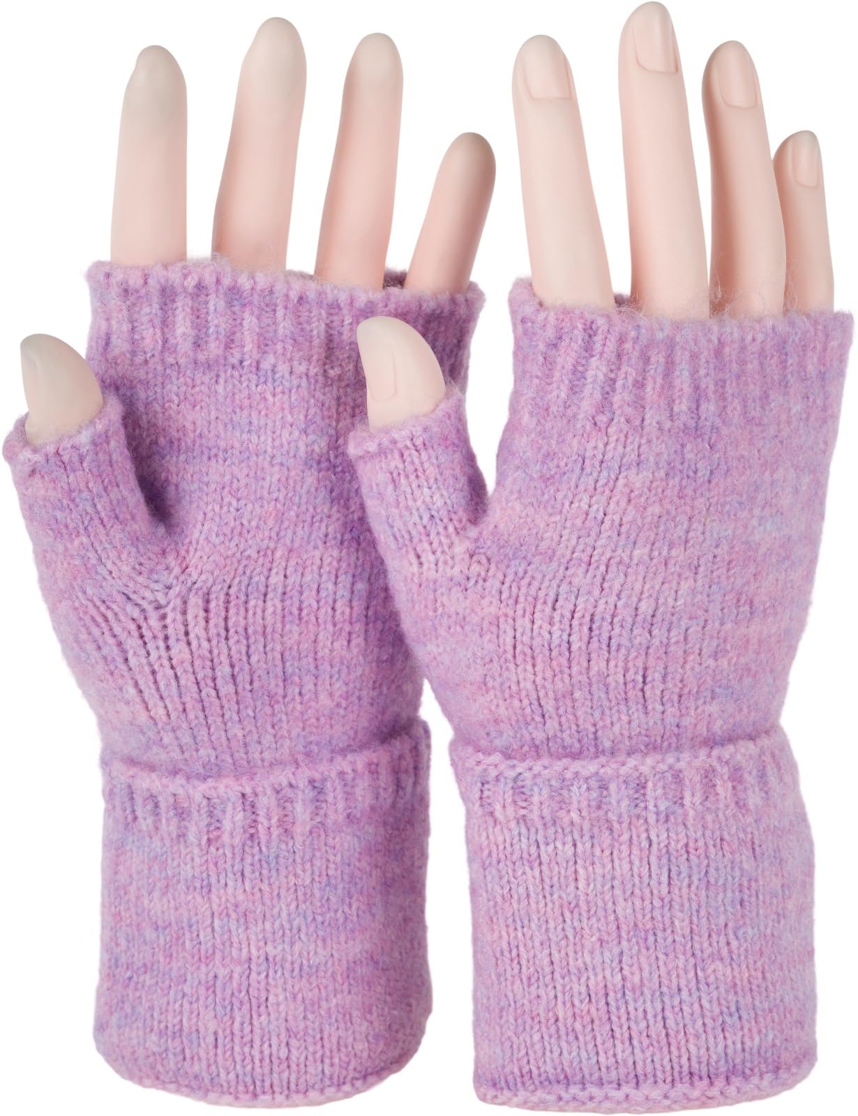 Stylebreaker Women's Heather Lilac Fingerless Knitted Gloves Unicoloured With Cuff, Warm Winter Gloves 09010052, Colour: