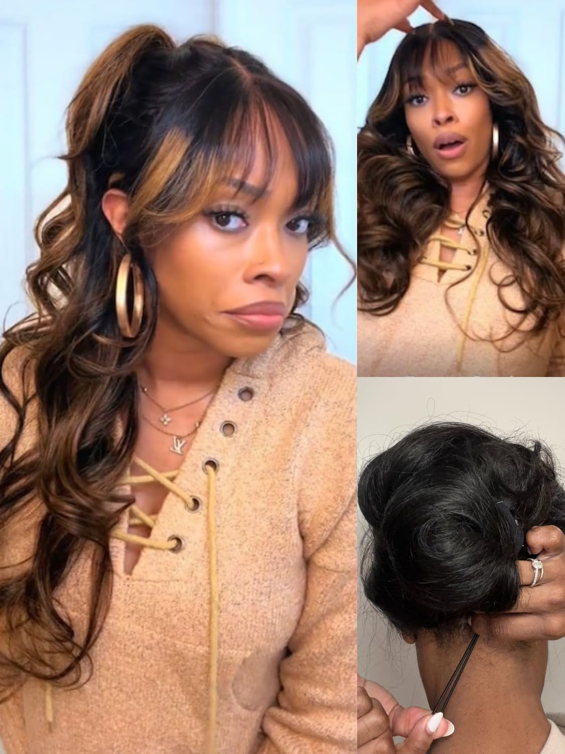 Nadula 13x4 HD Balayage Brown Glueless Lace Front Wig Human Hair with Curtain Bangs, Pre Everything Body Wave Wig with Drawstring, Pre Cut Pre Plucked