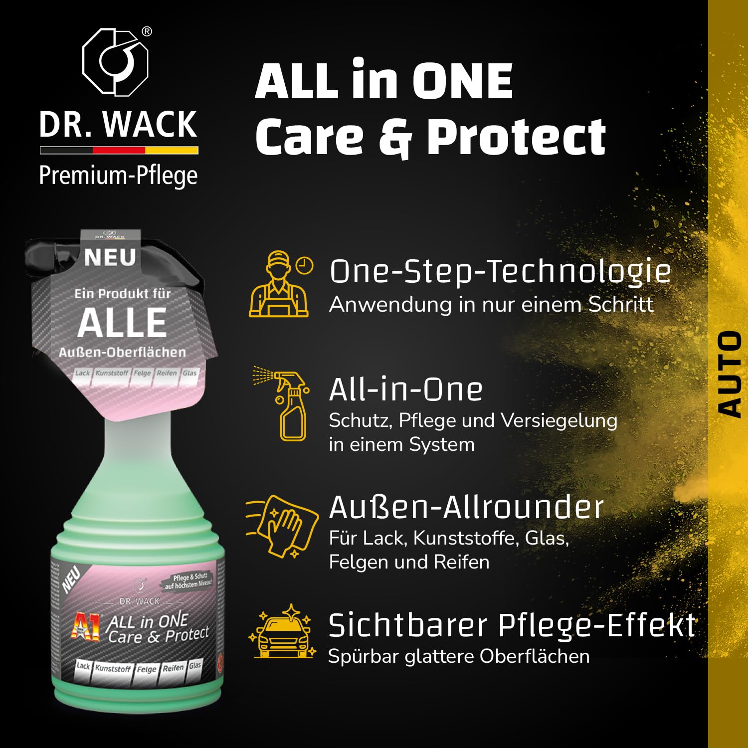 Dr. Wack – A1 All in ONE Care & Protect Autopflege 500 ml | Per tutte le superfici esterne dell'auto | Protezione, cura e sigillatura in un unico passaggio | Cura della vernice, protezione dei cerchi