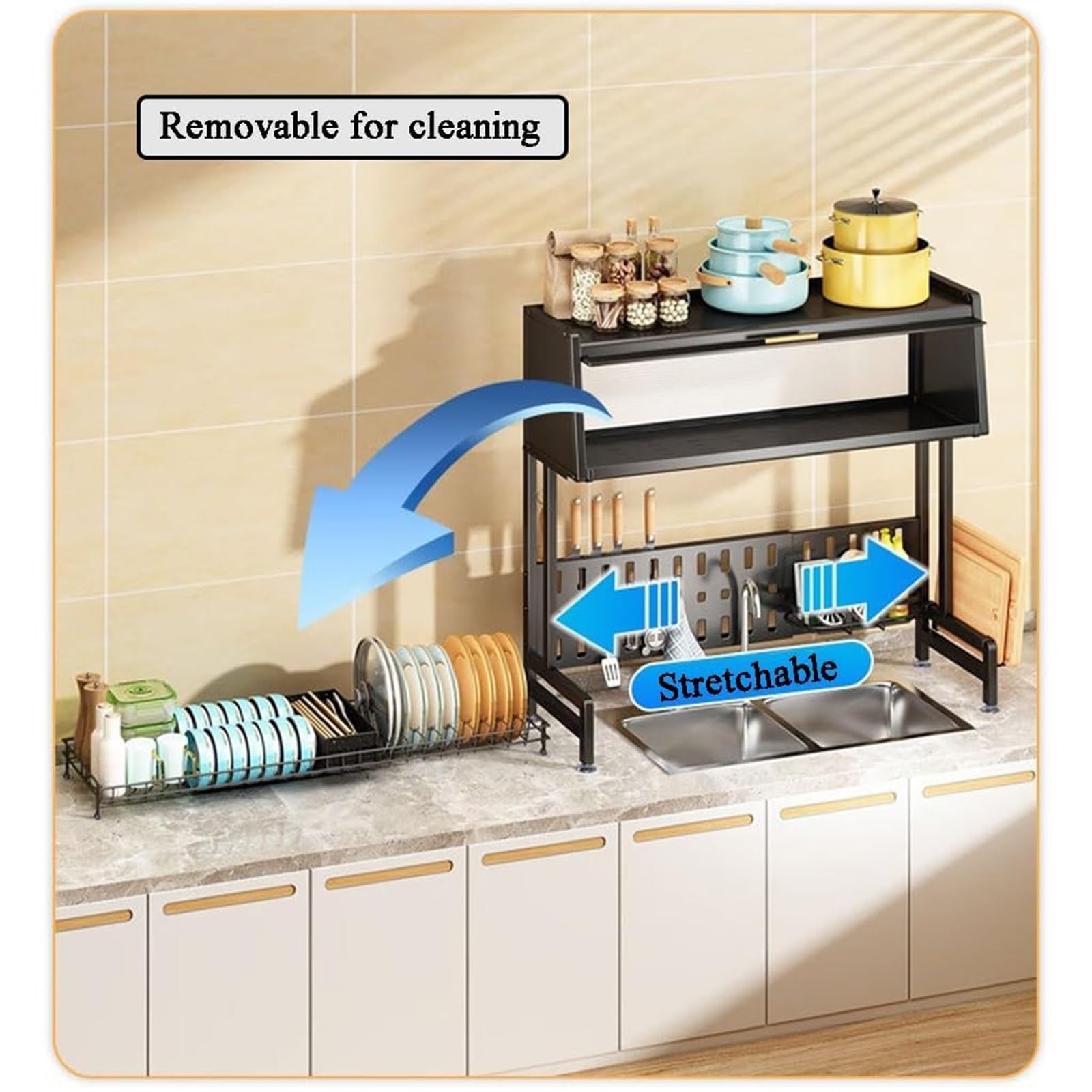 Escurreplatos de Fregadero, 2 Niveles Acero Inoxidable Estante Expandible Escurreplatos de Cocina Ajustable para Organizador de Encimera de Cocina