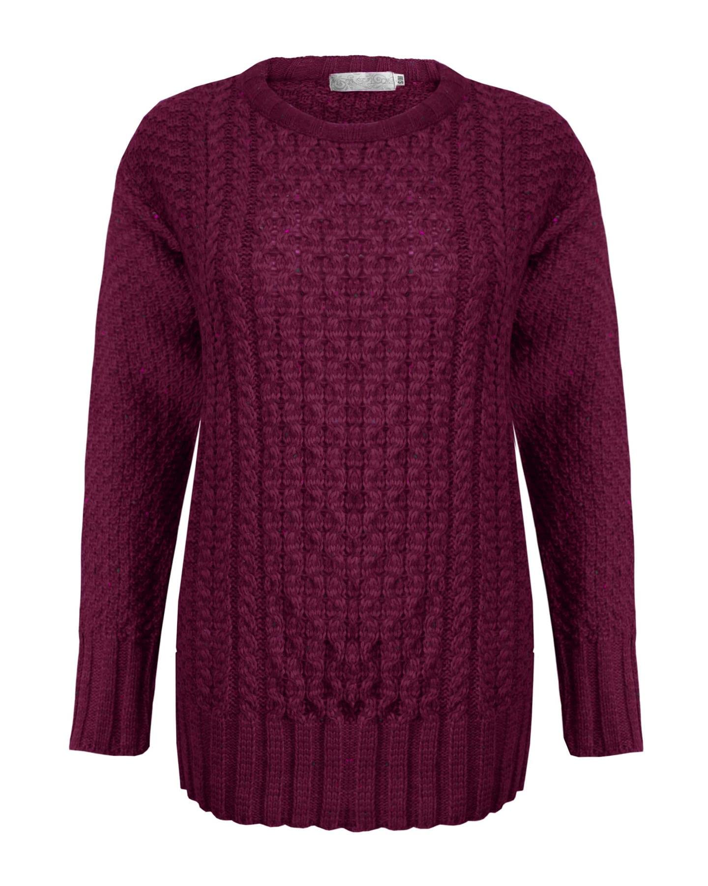 New Ladies Women Knitted Cable Knit Warm Chunky Sweater Formal Everyday Casual Long Sleeves Jumper Pullover Crew Neck Top[Wine,SM]