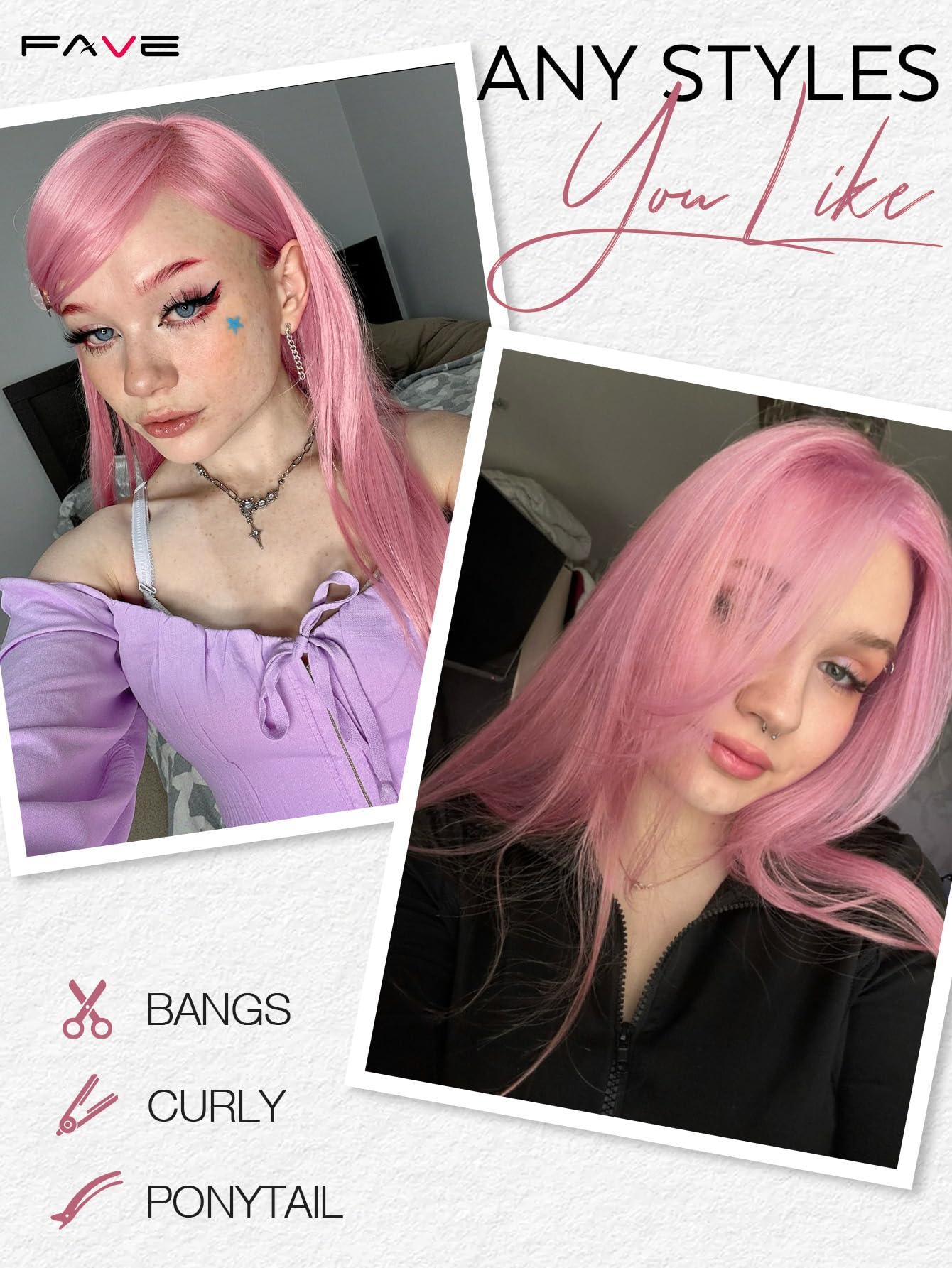 FAVE 65 cm Hellrosa Perücke, Hitzebeständige Synthetik-Perücke für Damen mit Mittelscheitel, Natürlich Aussehende Lange Perücke für Party, Alltag & Cosplay