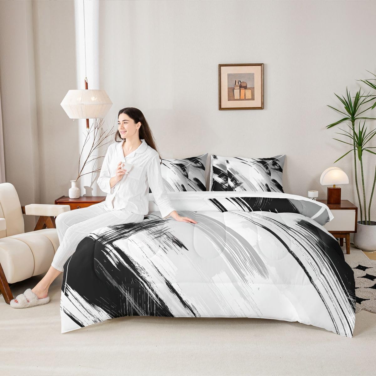 Feelyou Abstract Stripes Comforter Set Queen Size 7 Pieces Geometric Bedding Set for Kids Boys Girls Geometry Bed in a Bag with Comforter, Sheets, Pillowcases, Cushion Covers Modern Striped Art