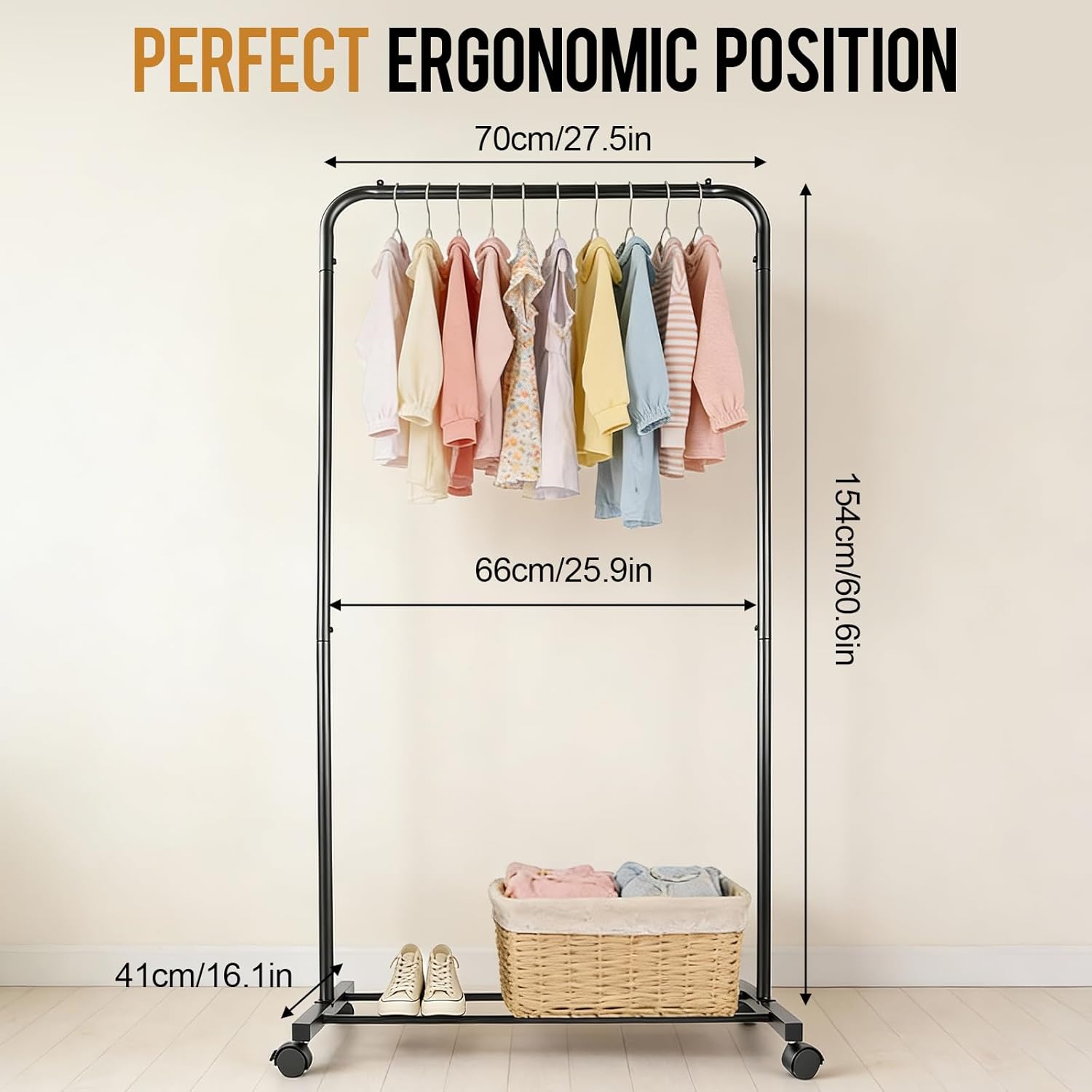 Clothes Rack,with Wheels,Rolling Clothing Rack for Hanging & Organizing Clothes, Space-Saving Garment Rack with Storage, Ideal for Bedroom, Closet & Laundry Room,Black