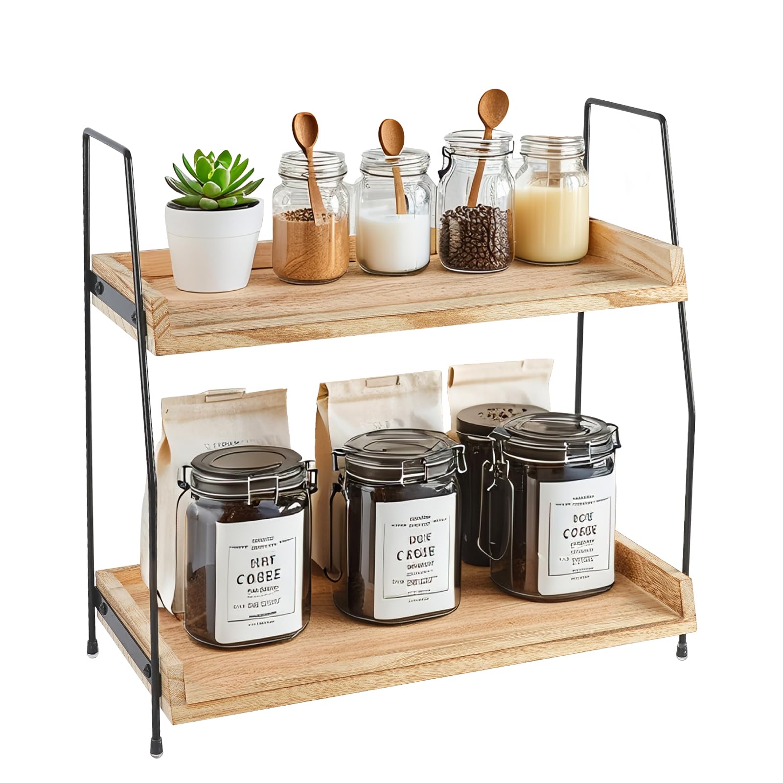 PopuLike Coffee Station Organizer, 2 Tier Kitchen Counter Shelf Wooden Coffee Bar Accessories Storage Kitchen Spice Rack