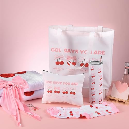 Miniatura 4 de Juego de regalo de lazo rosa, cesta de cumpleaños para adolescentes, niñas, regalos de coqueta rosa para mujeres, juego de regalo de lazo de cerezo,