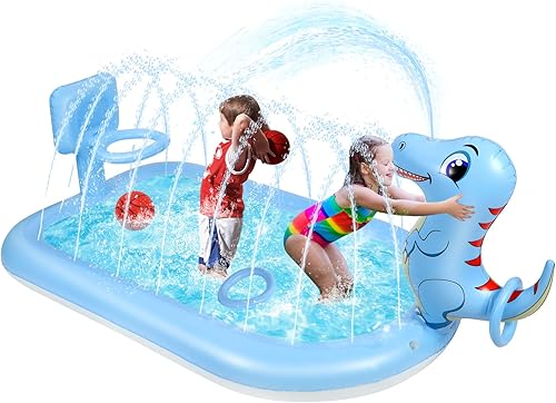 Aspersores de salpicaduras para niños, 3 en 1, centro de juego inflable para niños, incluye juego de baloncesto y juego de lanzamiento de anillo,