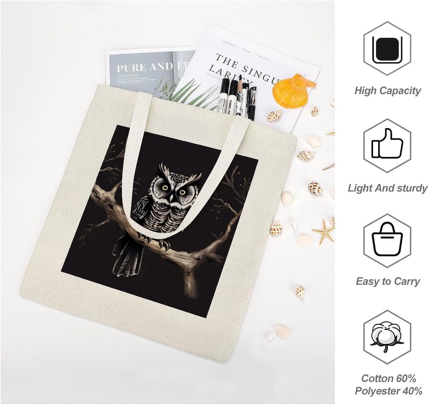 Late Night Owl Cotton Polyester Blend Canvas Carryall Bag | Late Night Owl Reusable Fabric Handbag for Grocery Travel Daily Errands Multipurpose Storage Carry Tote
