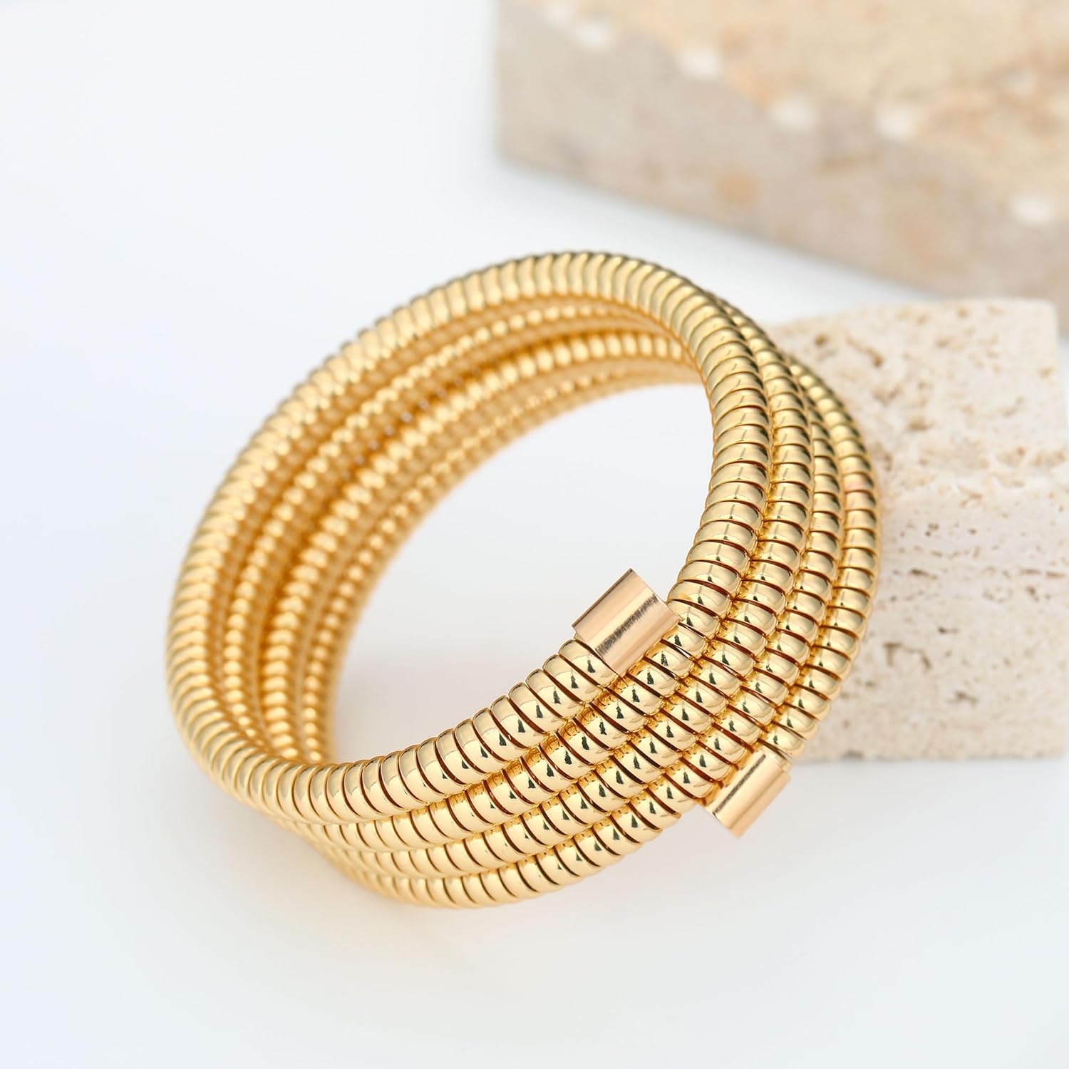 Chunky Gold Beaded Bangle Bracelet Set Stack for Women Men Stretchy Snake Link Chain Flexible Wide Wristband Bangles Bracelets - Image 6