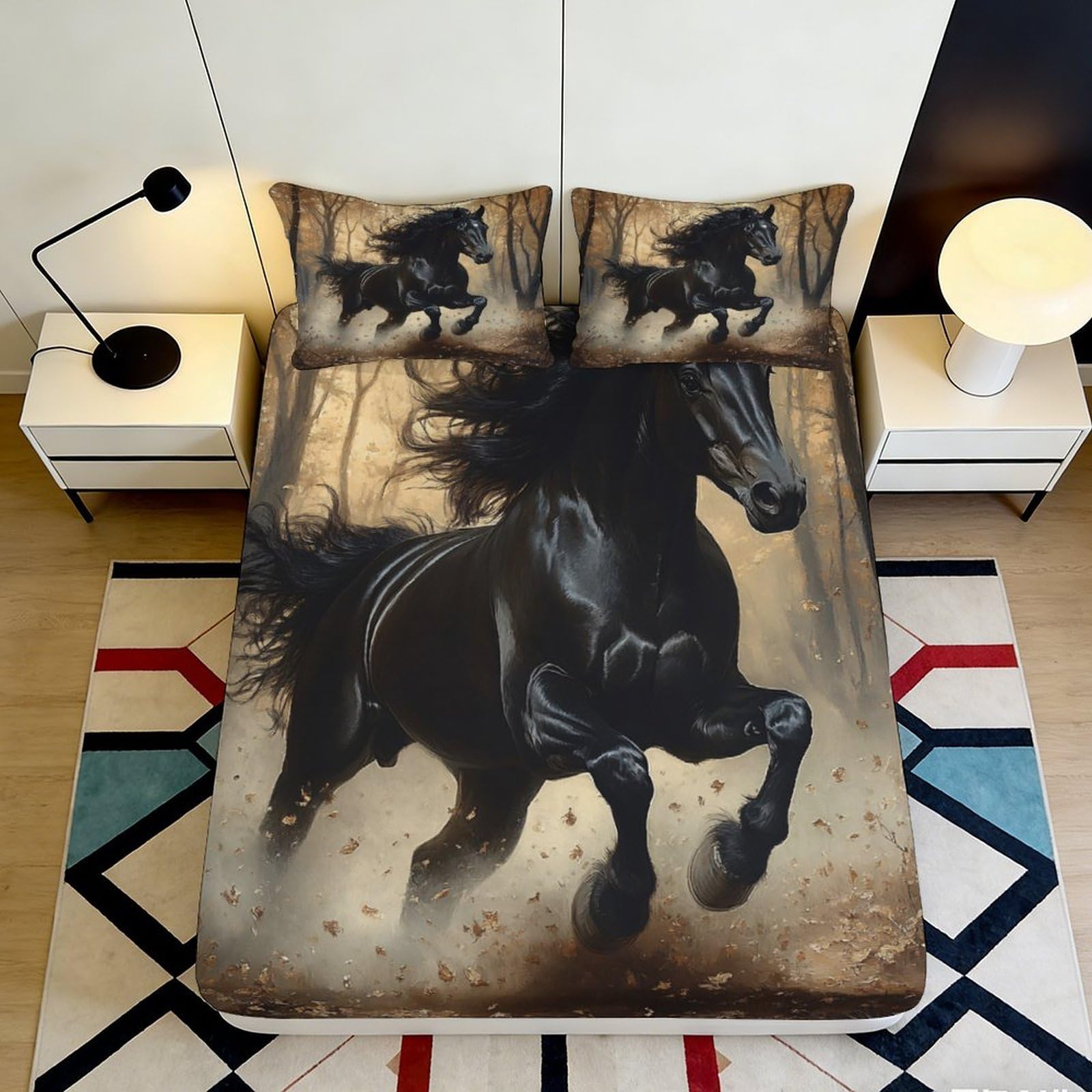 3D Printed Black Horse Fitted Sheet Microfiber Soft Decorative Forest Bed Cover for Bedroom Guest Room Mattress Protection 90x200x25cm