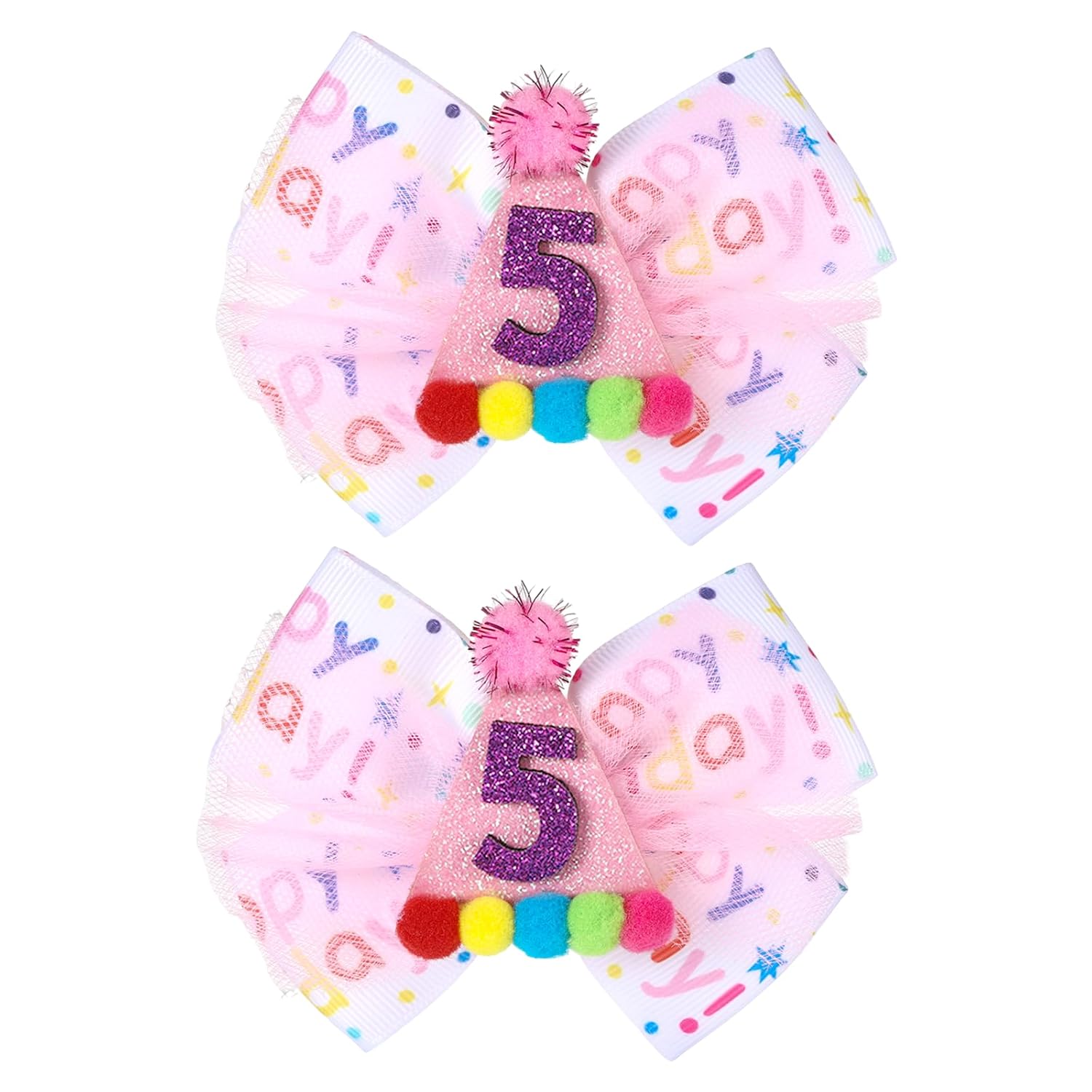 2Pcs Birthday Hair Bow for Baby Girls 1 2 3 4 5 6 Years, Pink Confetti Ice Cream Party Decorations, Sparkling Bows Hair Accessories for 4th Birthday