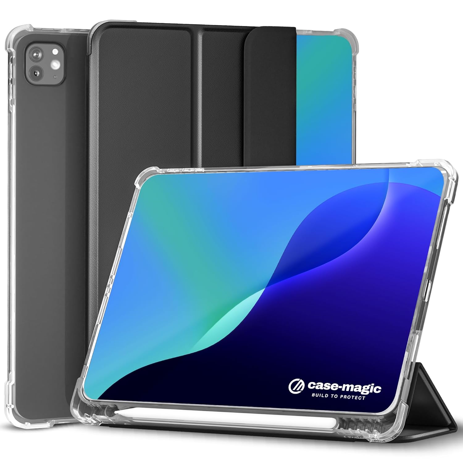 Smart Folio Case Cover for iPad Pro 11 inch (2022/2021/2020, 4th/3rd/2nd Gen) Auto Sleep/Wake Feature, Trifold Stand, Pencil Holder| Slim PU Exterior, TPU Transparent Back (Black)