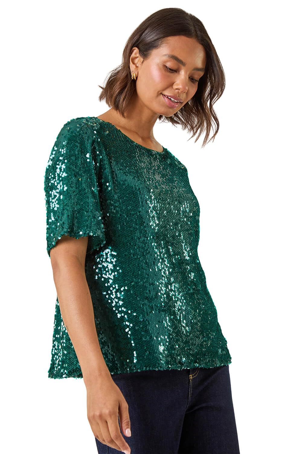 Roman Originals Sequin Embellished Top for Women UK - Ladies Everyday Autumn Winter Round Neckline Comfy Soft Evening Vacation Work Party Night Out - Forest - Size 18