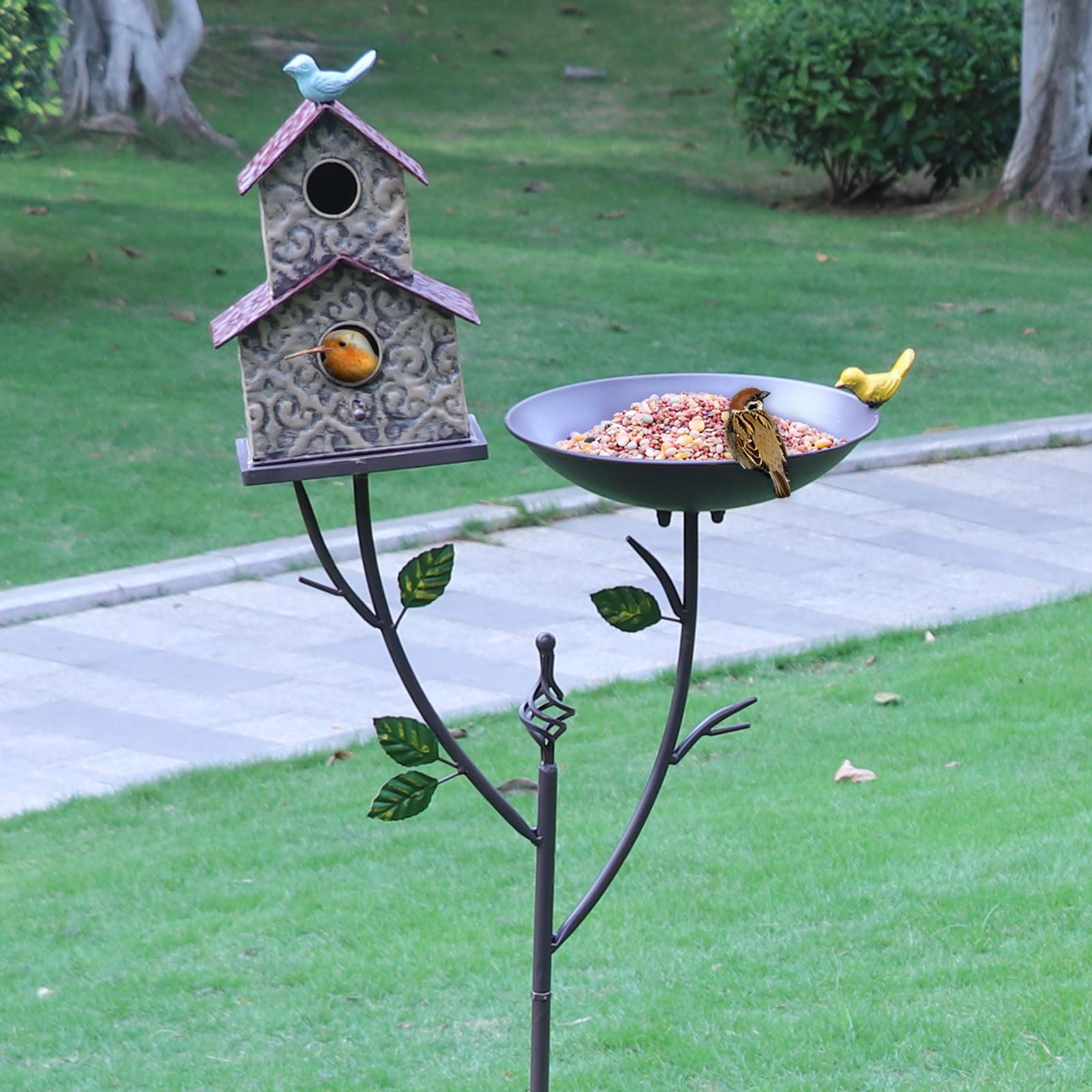 Combo de baño para pájaros y casa de pájaros para exteriores de 56.3 pulgadas con maceta, baño de metal para pájaros con casa para pájaros y maceta 3 en 1, adecuado para decoración de jardín,