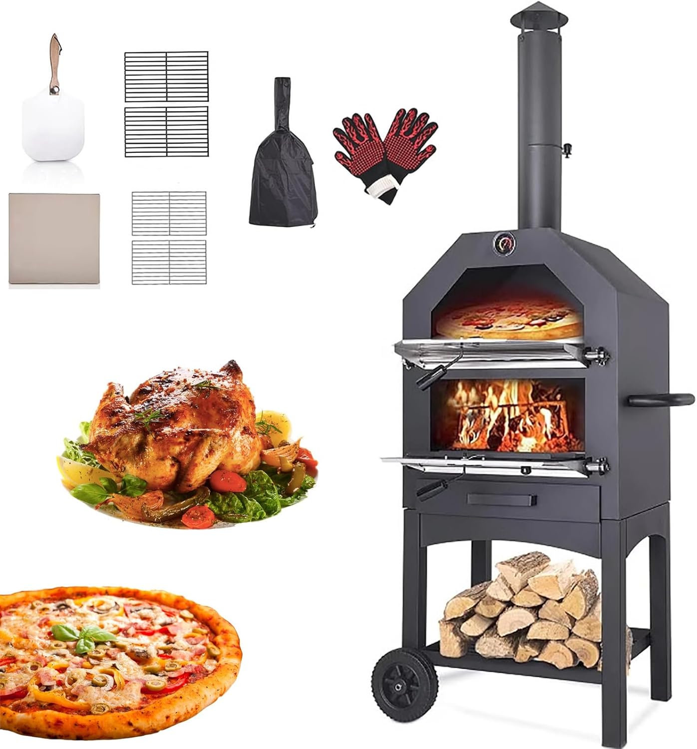 Outdoor Pizza Oven with 2 Wheels Easy to Move Wood Fire Pizza Oven Built-in Thermometer Pizza Stone Pizza Spatula Waterproof Cover