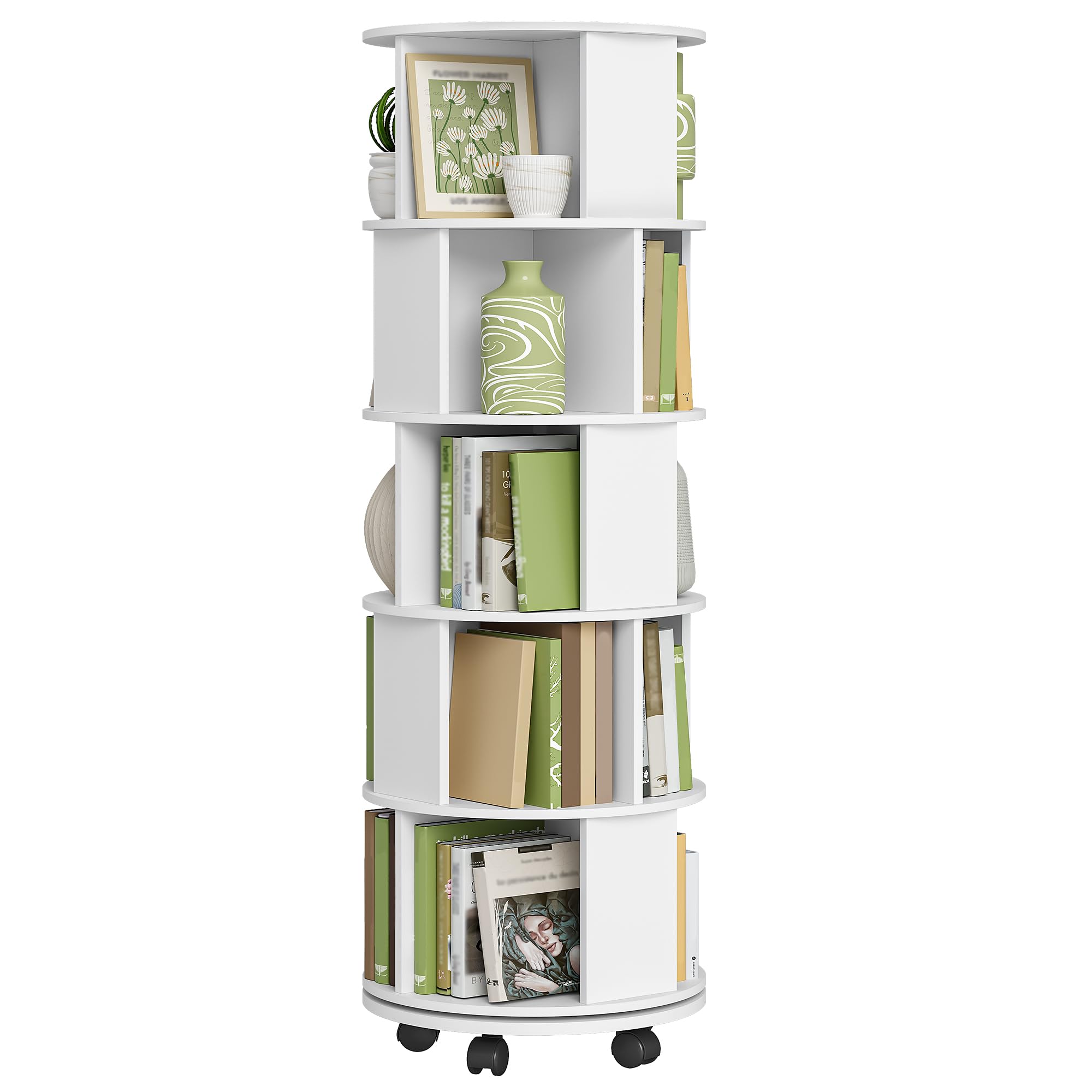 Hzuaneri 5-tier Rotating Bookshelf, 360° Rotating Bookcase with Wheels, Free Standing Spinning Bookshelf for Living Room, Study, Office, White, 45 x 45 x 161.5 cm, BC54003X