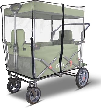 TMZ Collapsible Foldable Wagon Cart with Rain Cover and 2 Seats, Heavy Duty Wagon 265LBS Load Capacity for Camping Garden Shopping Transparent/Green
