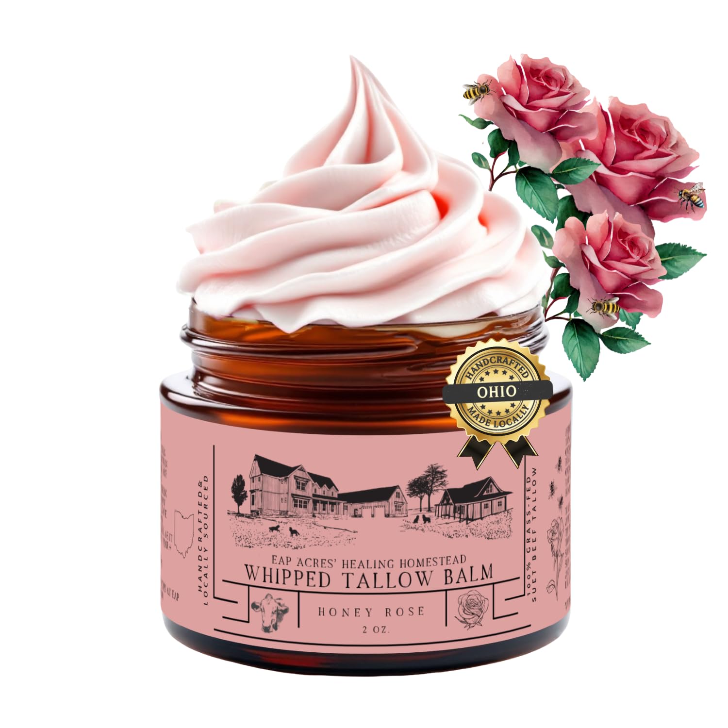 Rose-Infused Grass-Fed Whipped Tallow Balm with Manuka Honey & Rosehip Oil - Eczema Relief Moisturizer for Sensitive Dry Skin