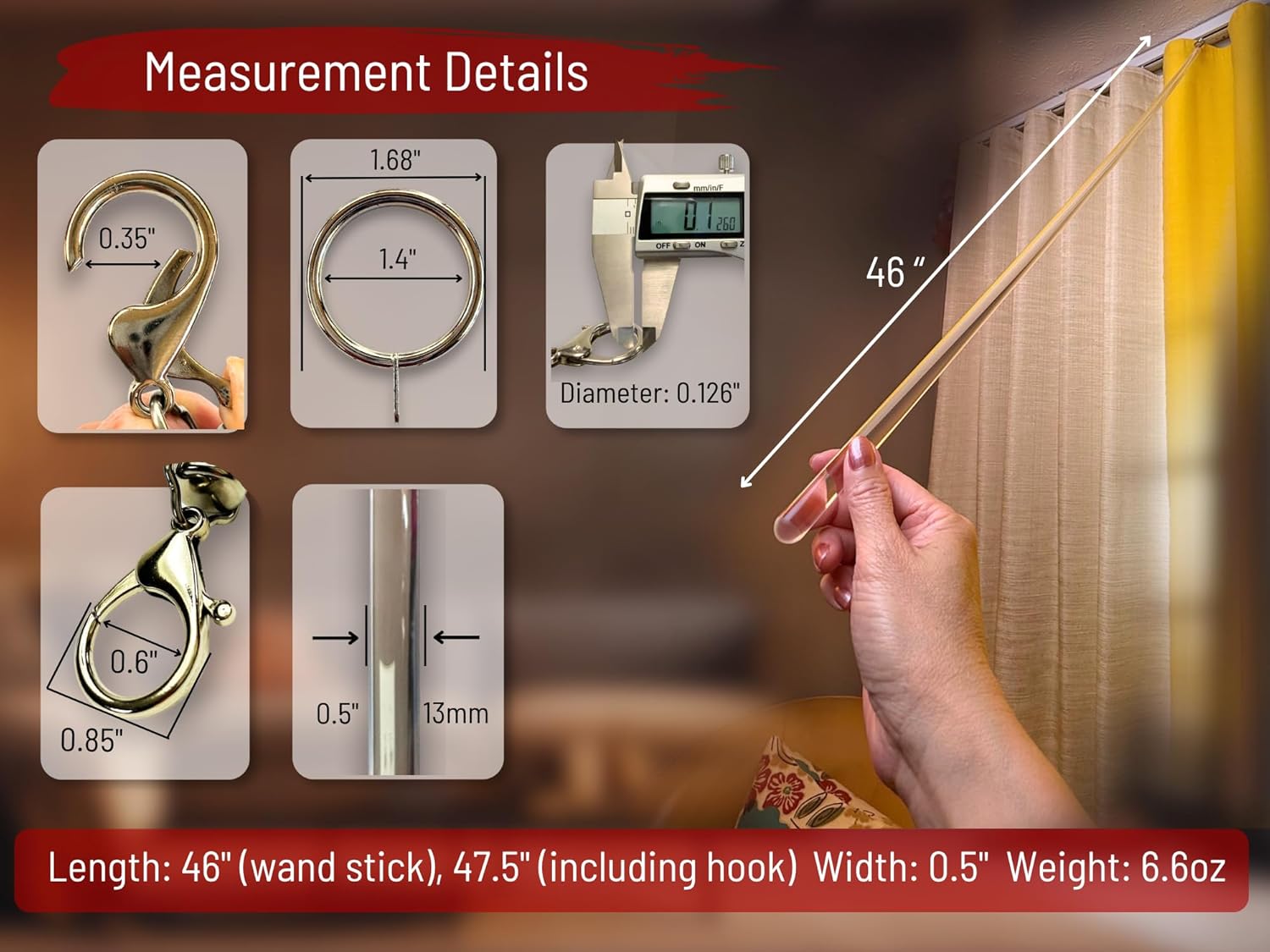 46 inch (4 Pack) Steel Cap Acrylic Curtain Pull Wand - 2 inches shy of 48 inch - Versatile Curtain Wand - Invisible Drapery Wand - Clear Drapery Pull Rod (46 Inch)