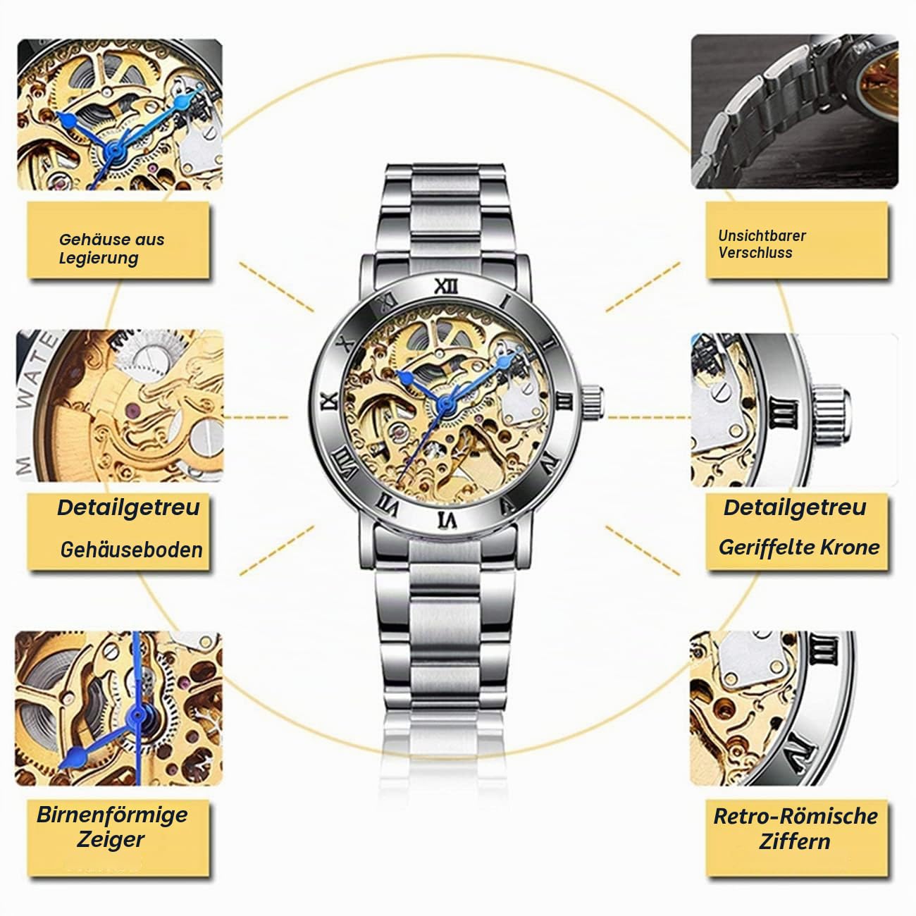 MASTOP Damenuhren Automatik Steampunk Selbstaufzug Mechanisches Silberarmband Damen Skelett Armbanduhr