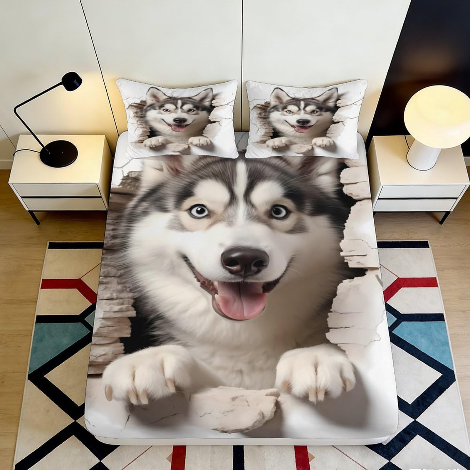 3D Printed Husky Dog Fitted Sheet Microfiber Soft Breathable Puppy Pattern Mattress Cover for Bedroom Guest Room Decor 90x200x25cm