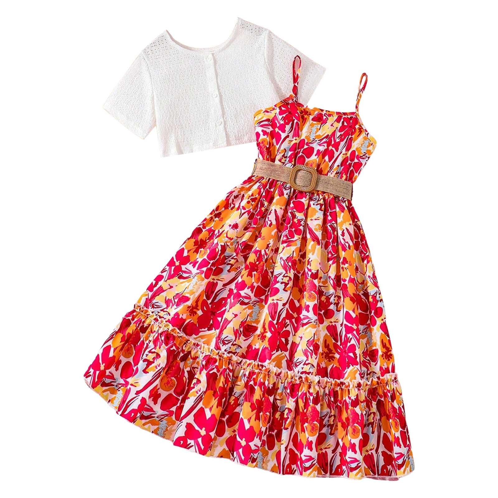 Ensemble Ete Enfant Fille 7-12 ans Tailleur Chemise à Manches Courtes Et Robe sans Manche Ado Fille Chic et Elegant Habillée Fluide Large Pas Cher Confortable Casual Vacances