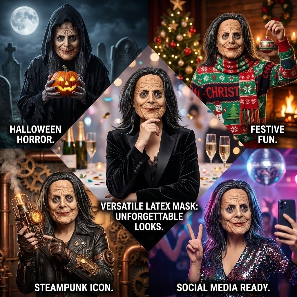 Realistic Black-haired Old Lady Latex Masks Rave Party Horror Witch Mask Halloween Lifelike Granny Cosplay Costume Props