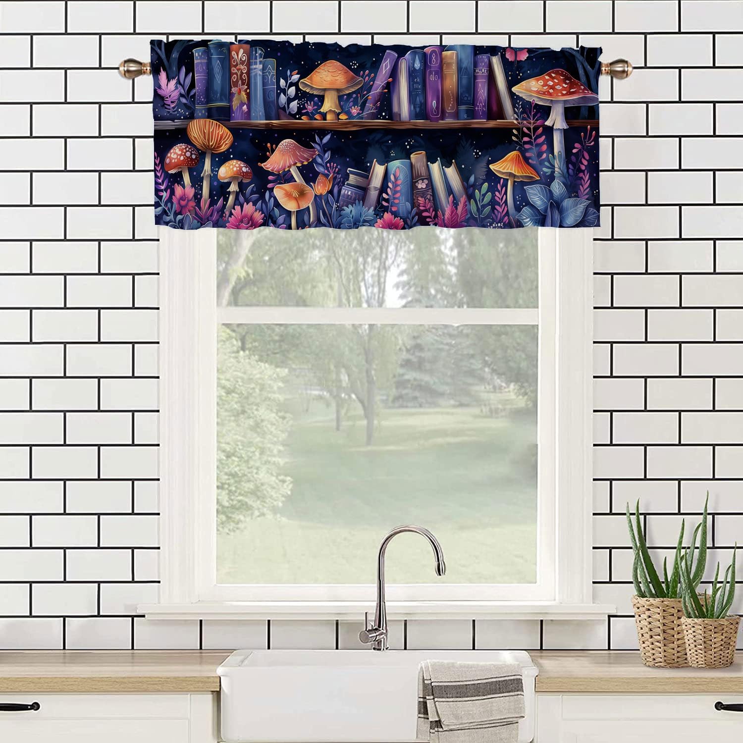 Bookshelf Window Curtain Valance Enchanted Books Magical Mushroom Fantasy Valance for Bedroom Living Room Bathroom Rod Pocket Small Window Curtains 2 Pack 52x 18 inch