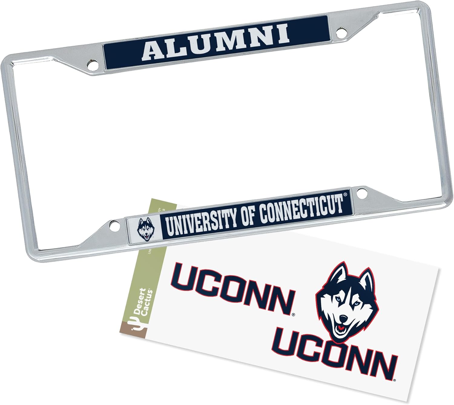 Desert Cactus University of Connecticut Car Accessories UConn License Plate Frame and Sticker for Front or Rear of Car (Sticker Frame Combo - Alumni)