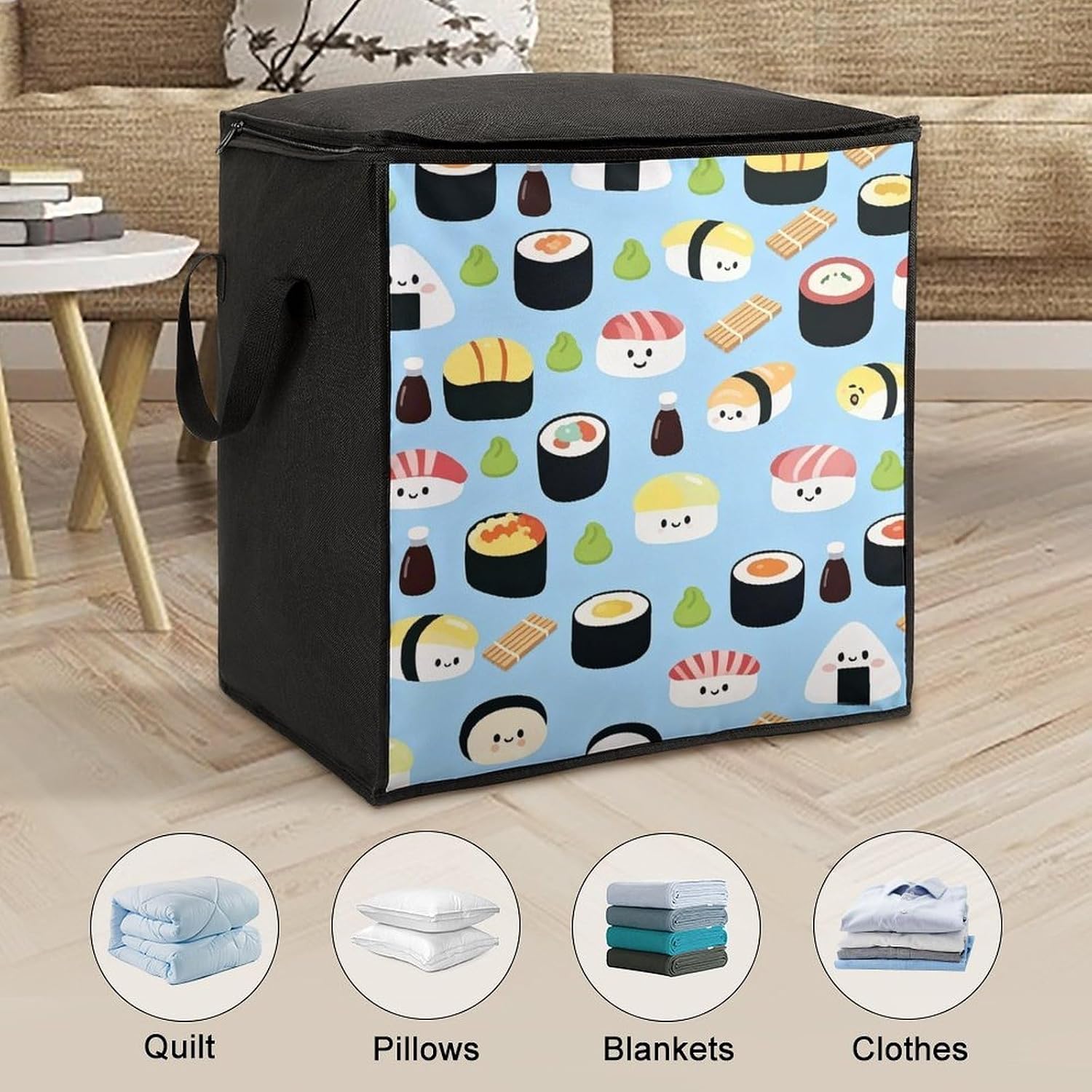 Sushi Pattern Comforter Storage Bag Moving Bag | Clothes Storage Bins-70L,Moving Bag With Dual Handles For Easy Carrying, Zipper Design Durability for Home,Bedroom,Closet