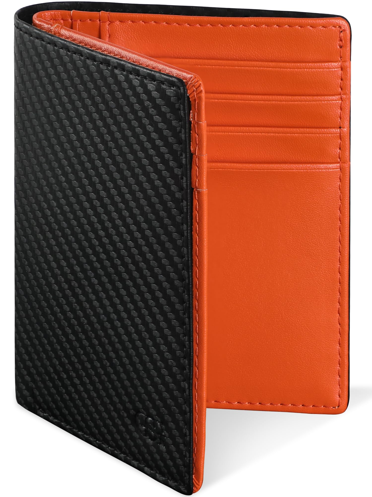 GSG SINCE 1998Wallets Men Slim RFID Blocking Carbon Fibre Leather Wallets with Zip Coin Pocket,14 Card Slots,ID Window,2 Banknote Compartments,Bifold Vertical Wallet Orange