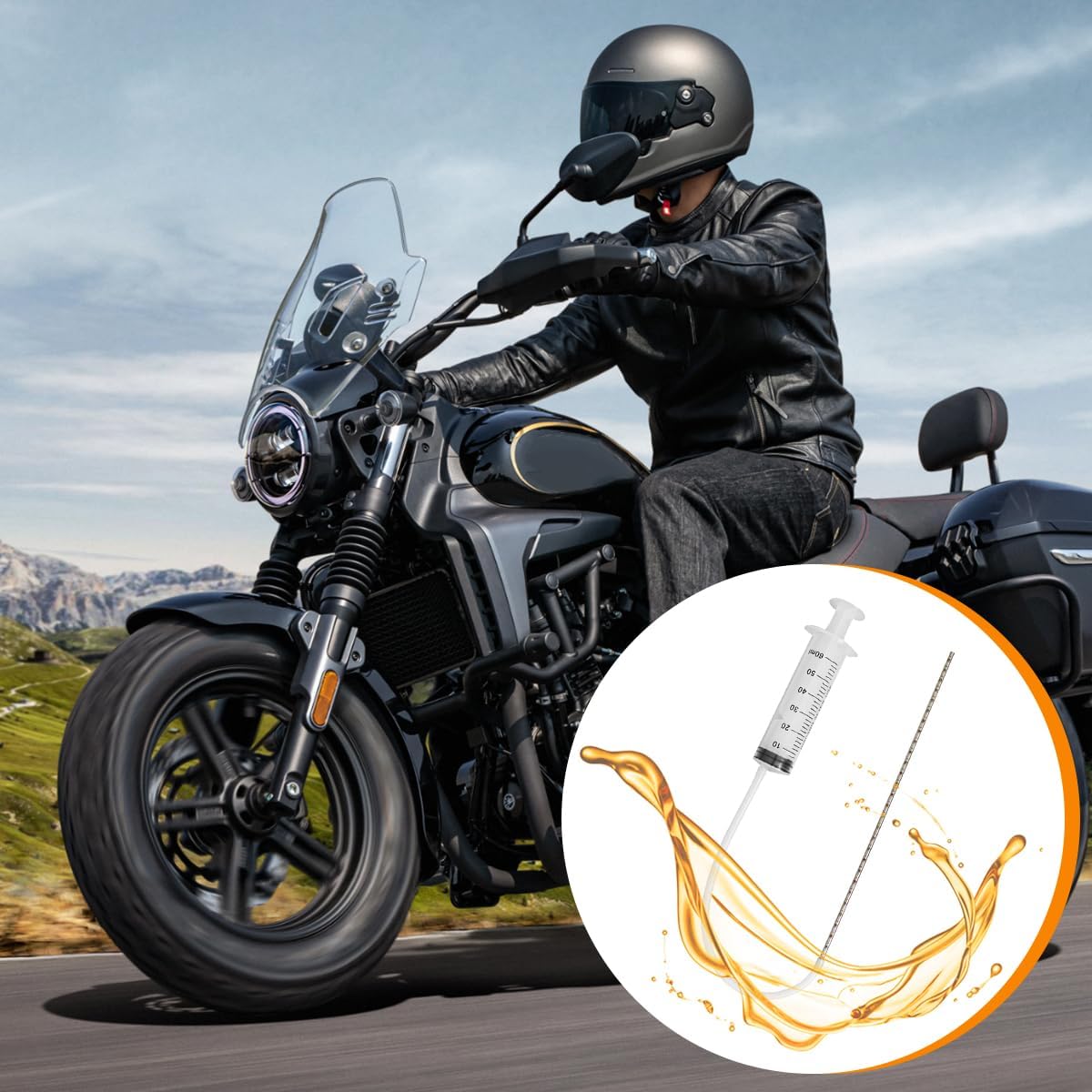 Motorcycle Fork Oil Level Tool Kit, Suspension Oil Level Gauge with Adjustable Ring, 60ml Syringe Motorbike Fork Service Adjuster Tool Kit, Universal for Motorcycle Street Bike