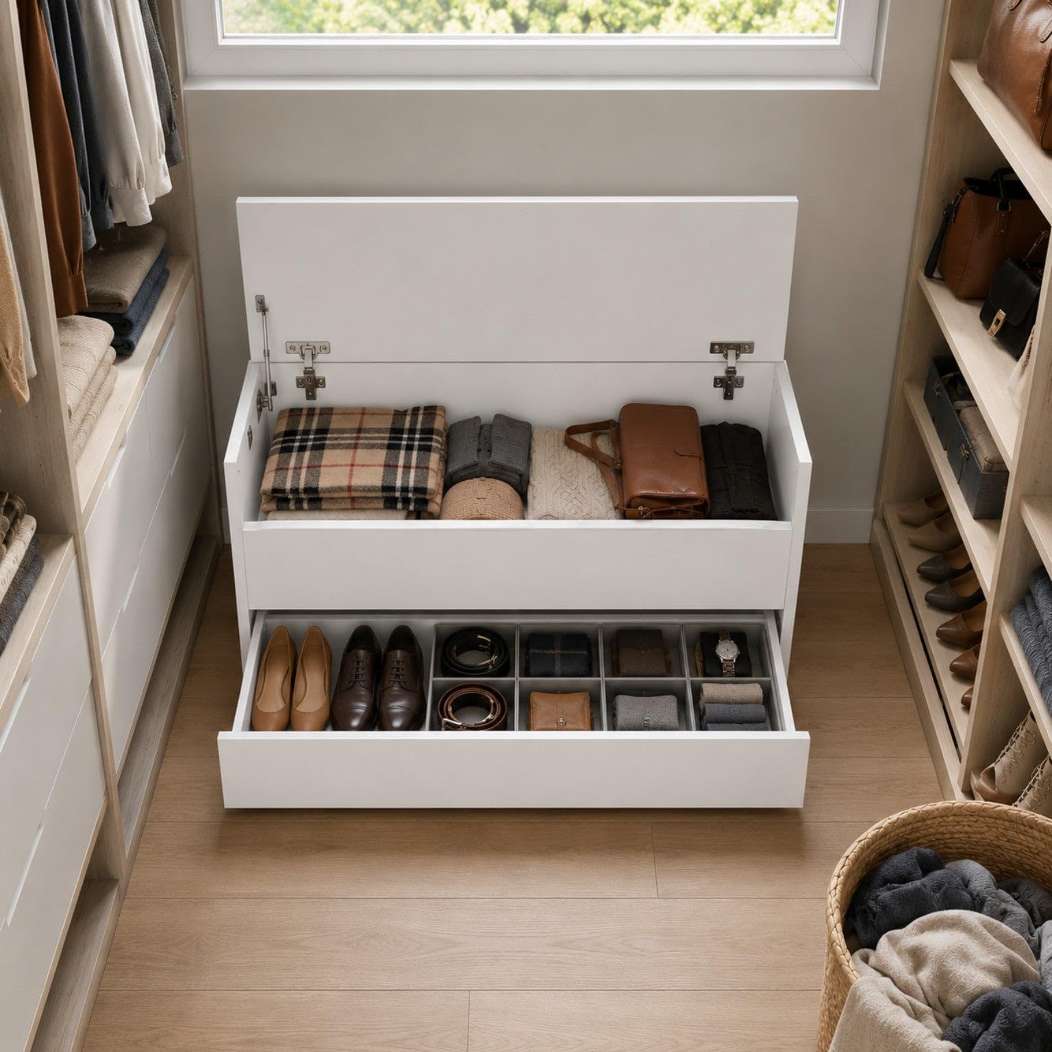 The White Stone Cassapanca Contenitore Bianca con Cassetto Inferiore e Vano Interno | Panca Ingresso Salvaspazio con Chiusura Soft Close | Baule Multiuso 90x40x46 cm