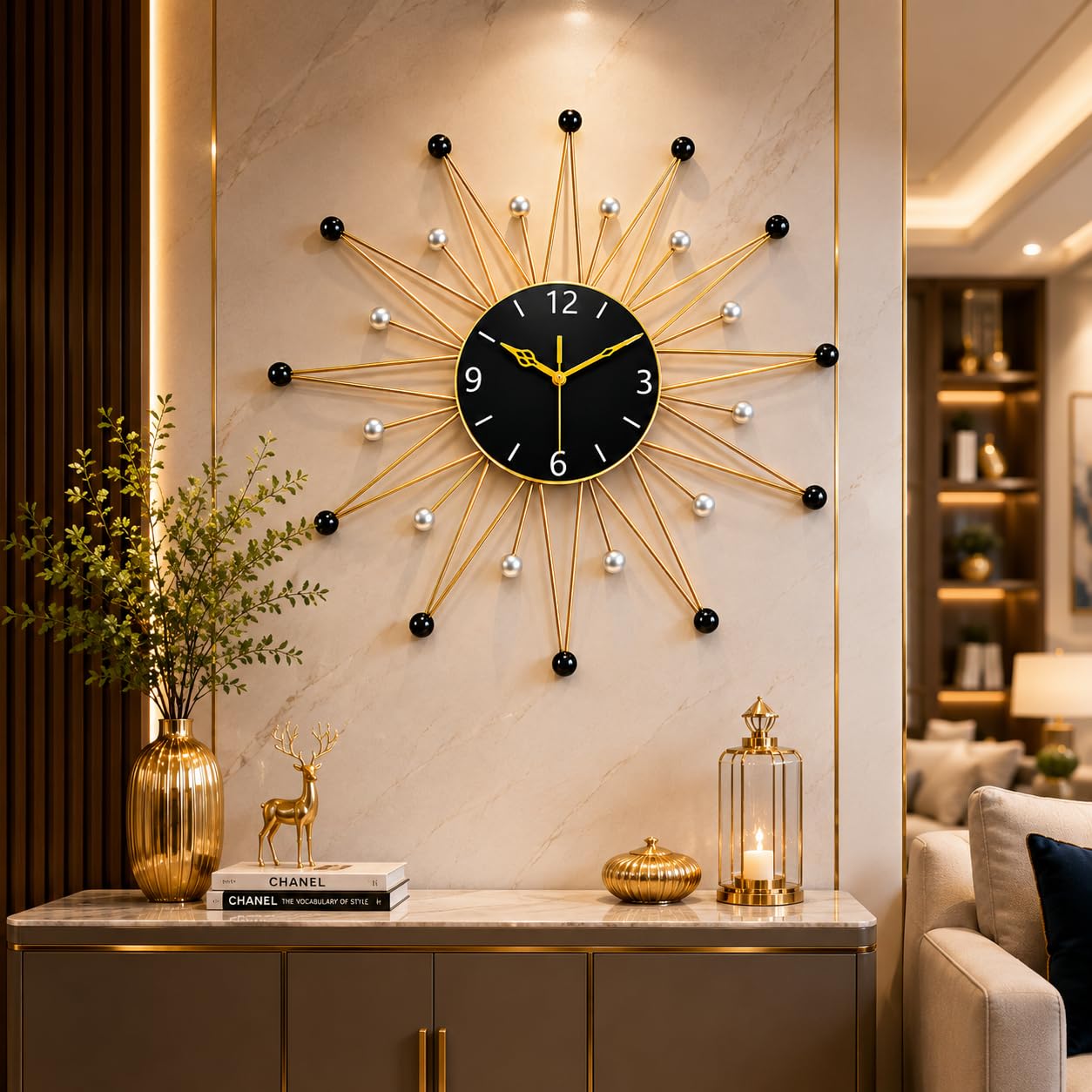 Modern Sunburst Metal Wall Clock Gold & Black for Living Room-image-47
