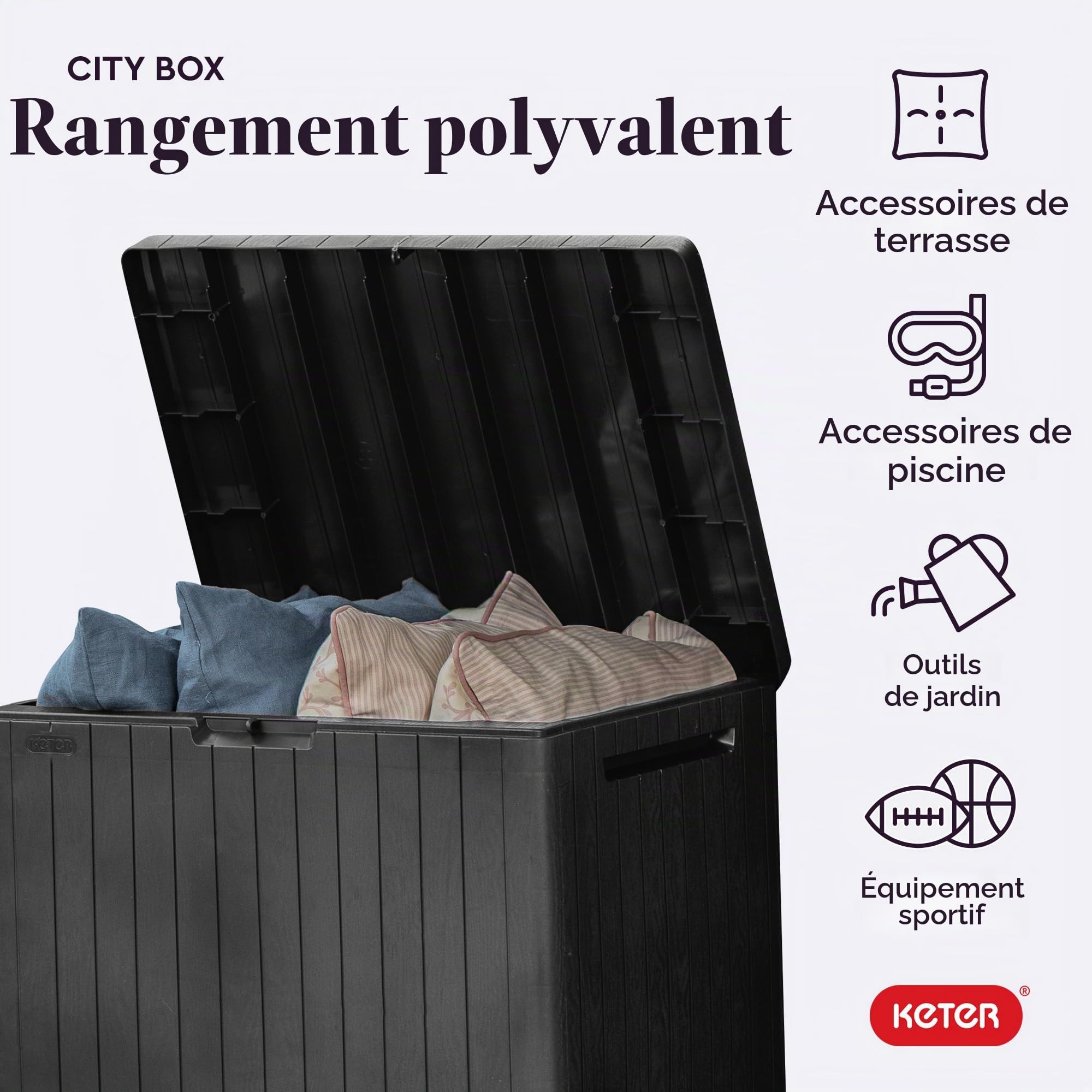 Keter City Boîte de terrasse en résine pour meubles de terrasse, accessoires de piscine et rangement pour jouets d'extérieur, gris foncé 100 l