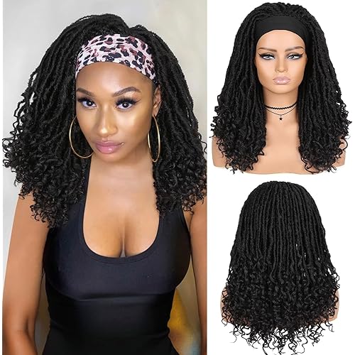 Fancy Hair Faux Locs Headband Wigs Turban Wig Dreadlock Wig Braided Twist Wigs Hand Braided Curl Synthetic Party Cosplay Half Wigs for Black Women Black 20"