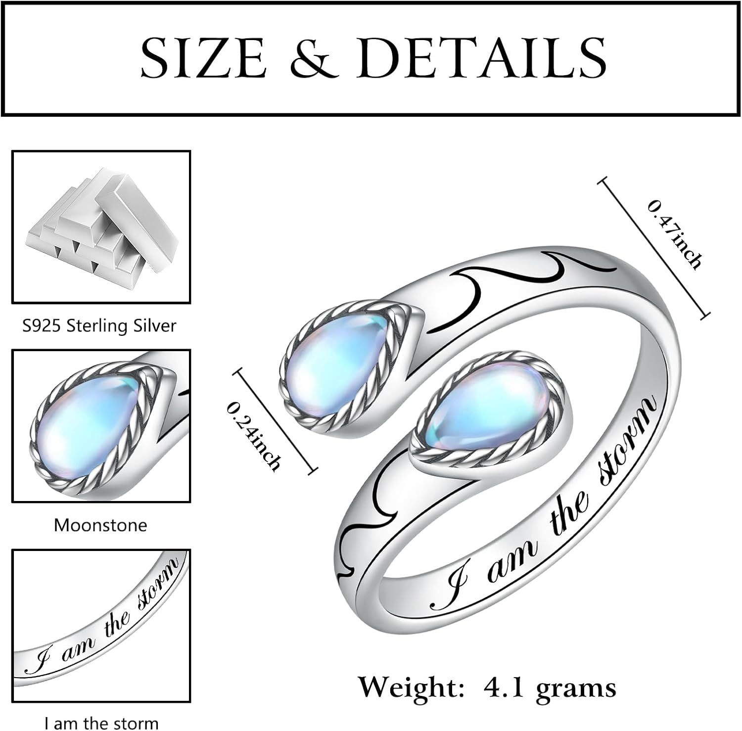 I Am The Storm Ring Sterling Silver Moonstone Ring Adjustable Open Ring Inspirational Jewelry Gift for Women - Image 6