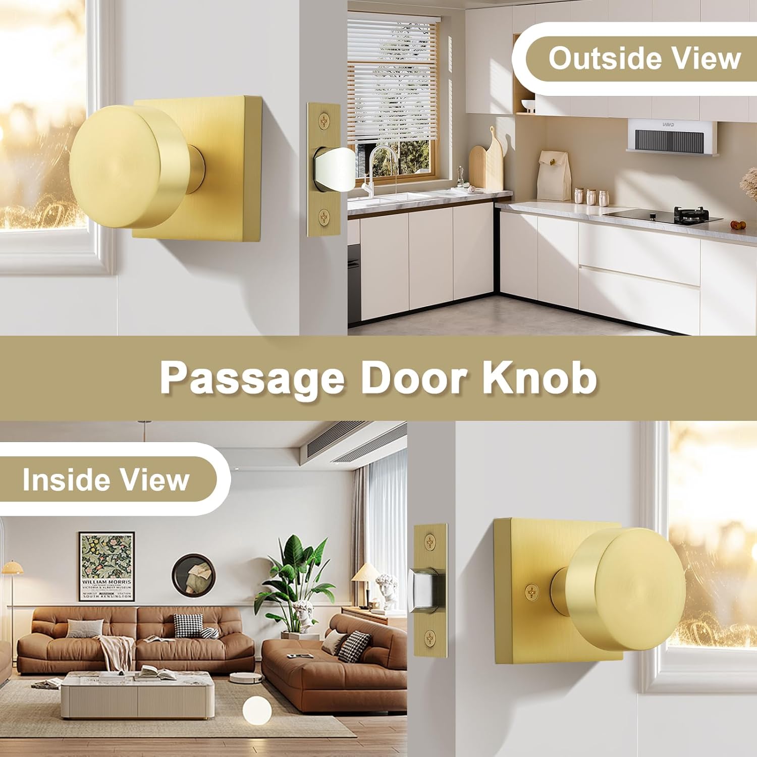 Probrico 6 Pack Door Knobs Interior, Brushed Brass Door Handles No Lock, Gold Interior Doorknobs for Closet/Hallway Doors, Round Door Knobs on Square Rose