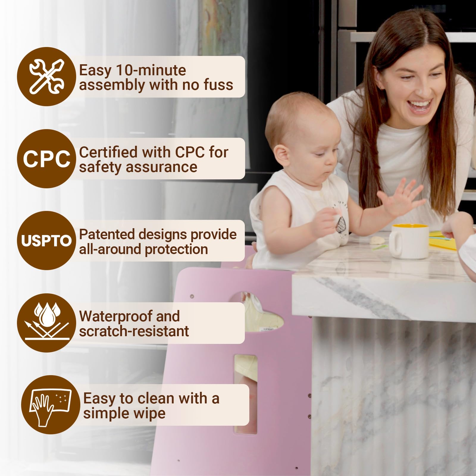 COSYLAND Wieża edukacyjna dla dzieci – drewniana wieża edukacyjna dla dzieci w wieku od 1 do 6 lat – 3-stopniowa regulacja wysokości – 80 cm – Classic Rose & Natural