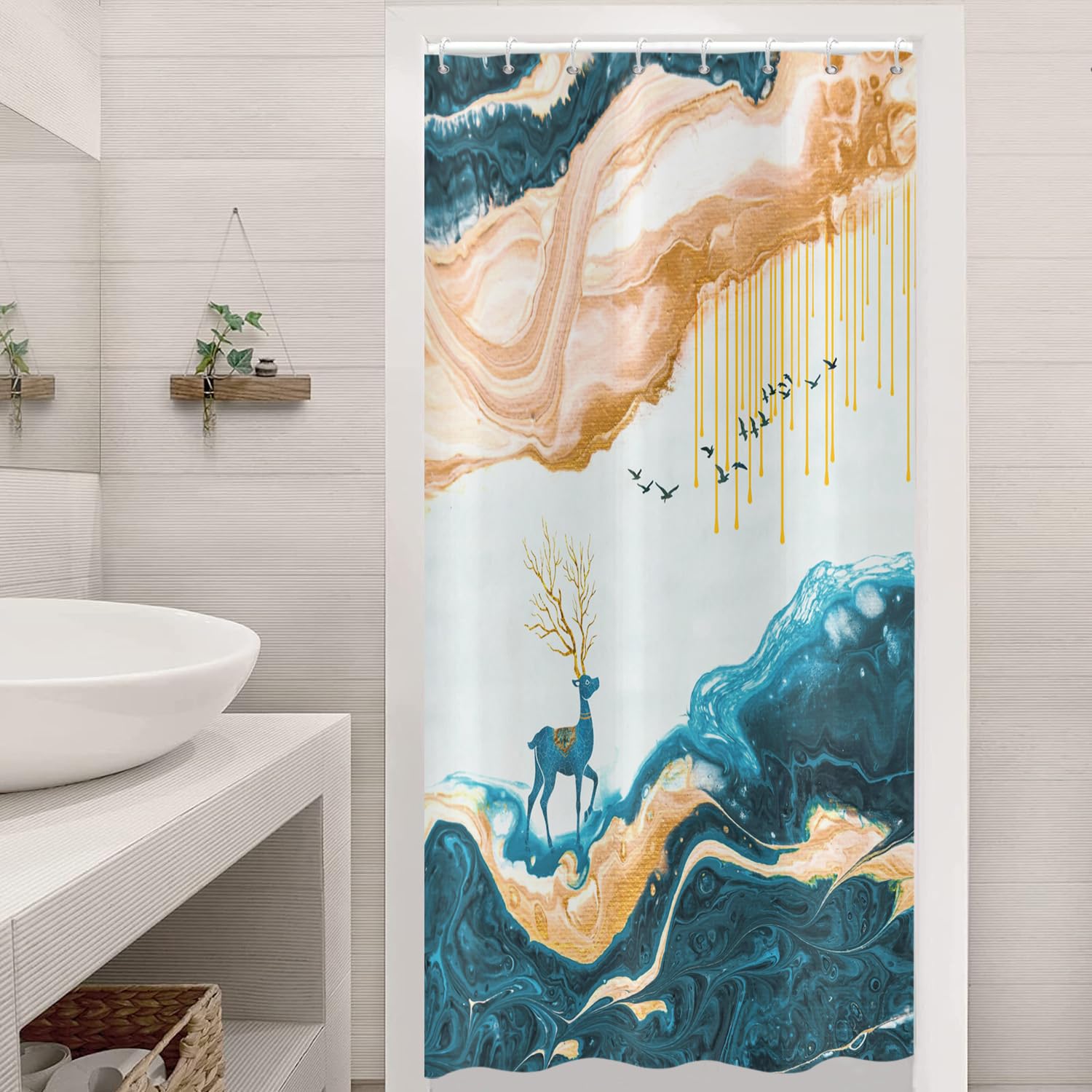 ASDCXZ Shower Curtain Marble 120x180 cm, Modern Abstract Orange Cyan Deer Marble Optic Texture Washable Fabric Shower Curtains Polyester Textile Waterproof Shower Curtain for Bathtub with 8 Hooks