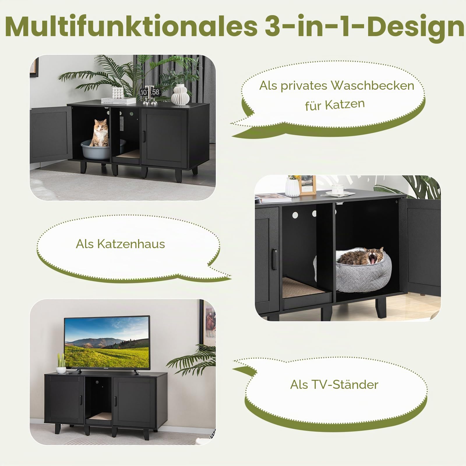 GYMAX Katzenklo Schrank für 2 Katzen, Katzenschrank für Katzentoilette mit 2 Türen, verdecktem Eingang & Kratzbrett, XXL Katzenhaus für große Katzen, Katzenklo Möbel, 120 x 52 x 65 cm (Schwarz)