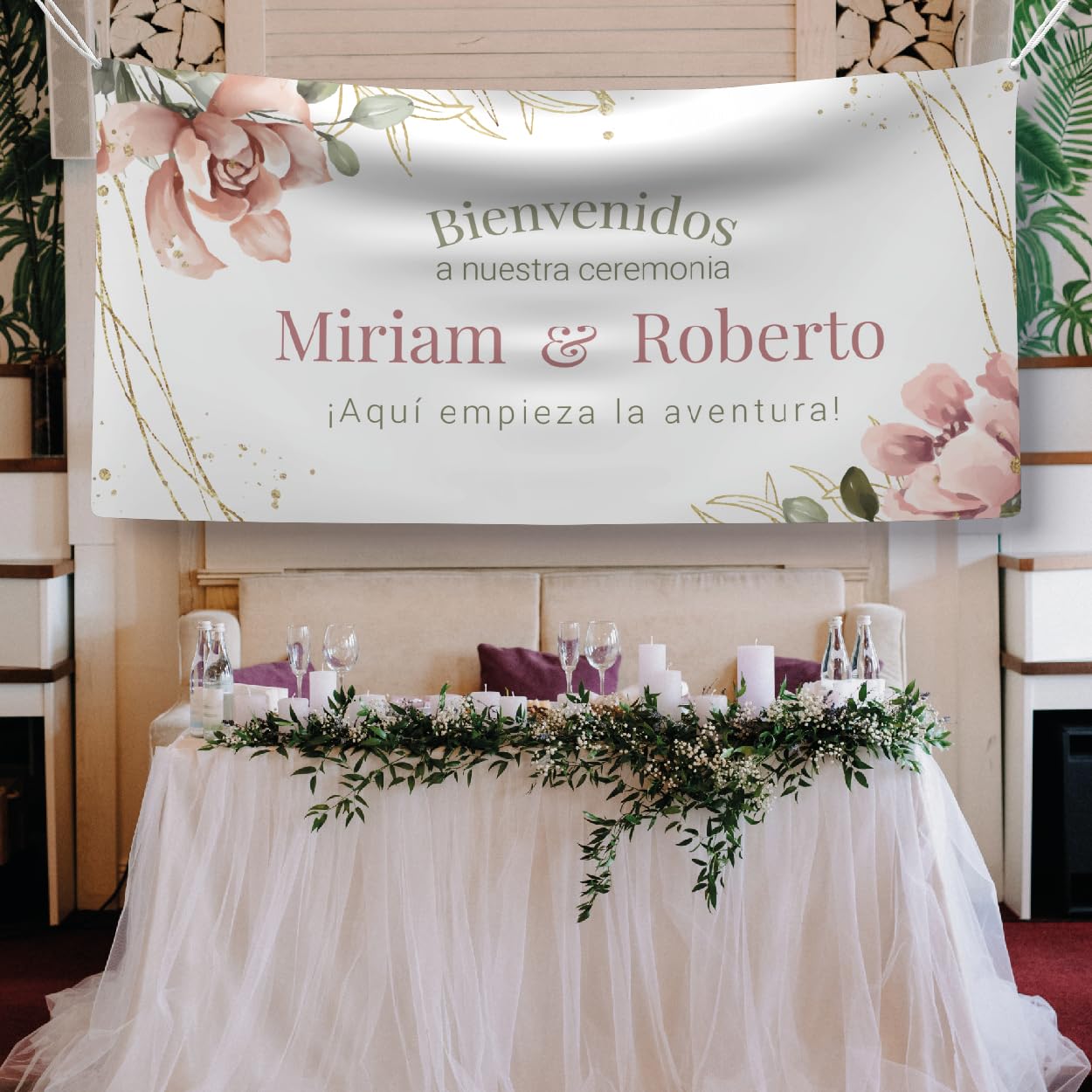 Pancarta personalizada - Cartel Bienvenida Boda | Print Stamp Love, Lona personalizada PVC Resistente, Decoración de bodas oro o plata, Incluye ojales para colocación,MODELO 4