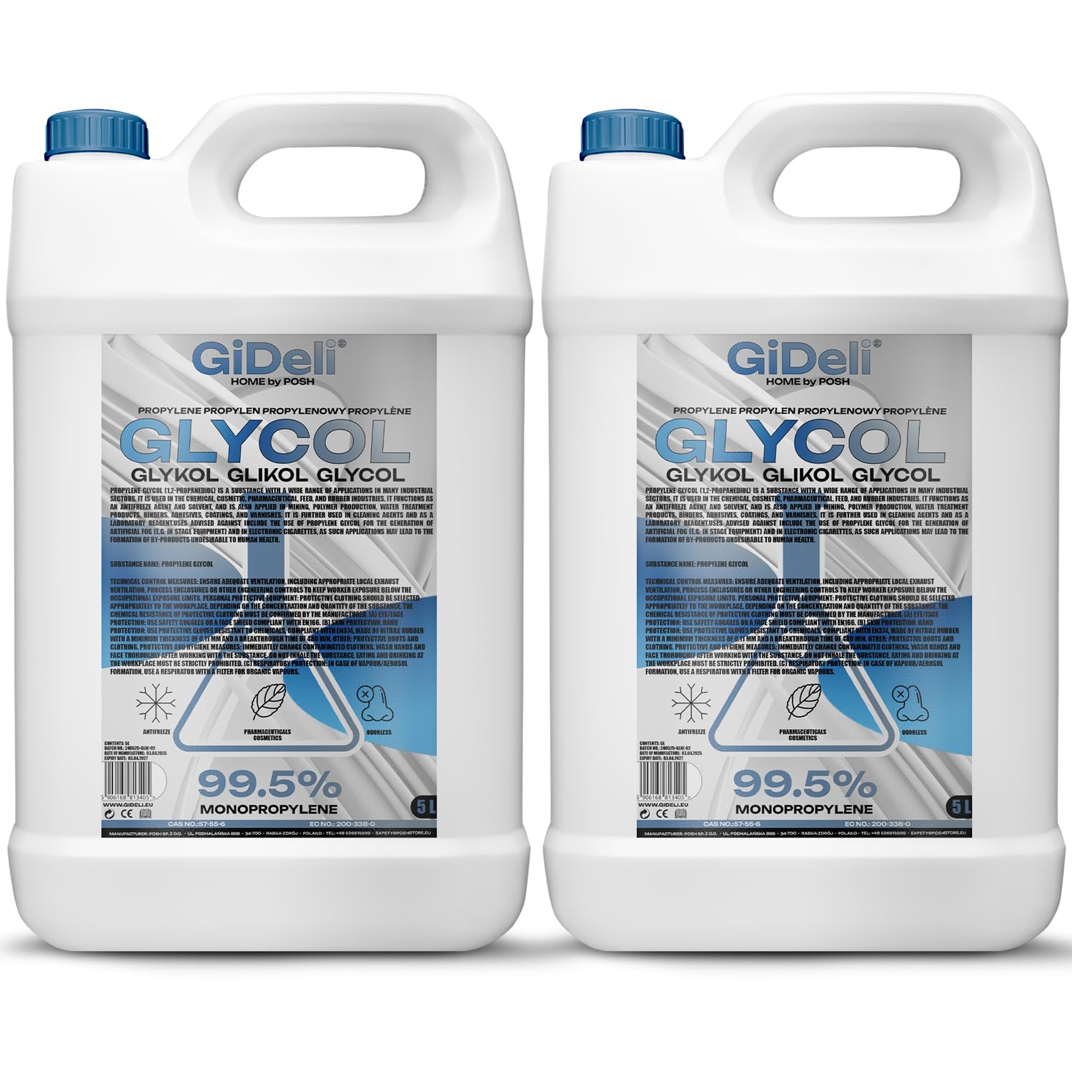 GiDeli Propylène glycol 99,5 % 2 x 5 l de solvant monopropylène glycol (PG) pour cosmétiques, produits pharmaceutiques, industries, laboratoires et applications techniques