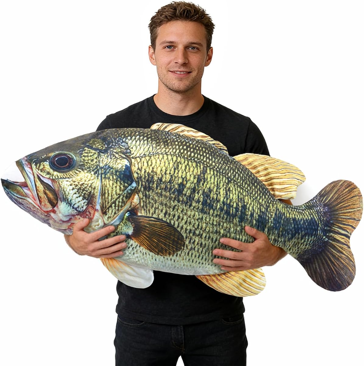 Threehoney - Almohada de pez de 32 pulgadas, peluche gigante 3D, lubina negra, diseño realista de lubina con escamas texturizadas, divertido regalo de pesca para pescadores, juguete suave y abrazable para decoración del sofá del dormitorio del hogar
