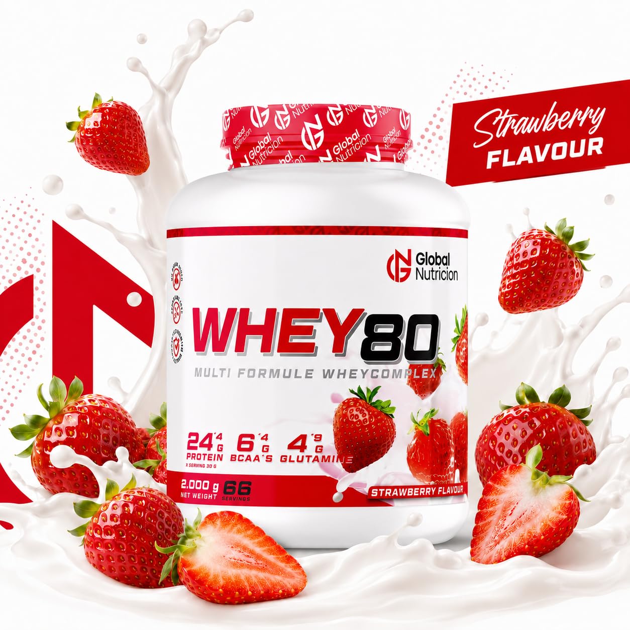 GlobalNutricion Whey 80 Białko w proszku serwatki 2 kg Truskawka | Naturalne BCAA, Niskotłuszczowe i cukrowe, przyczynia się do wzrostu masy mięśniowej, Poprawia Twoje treningi