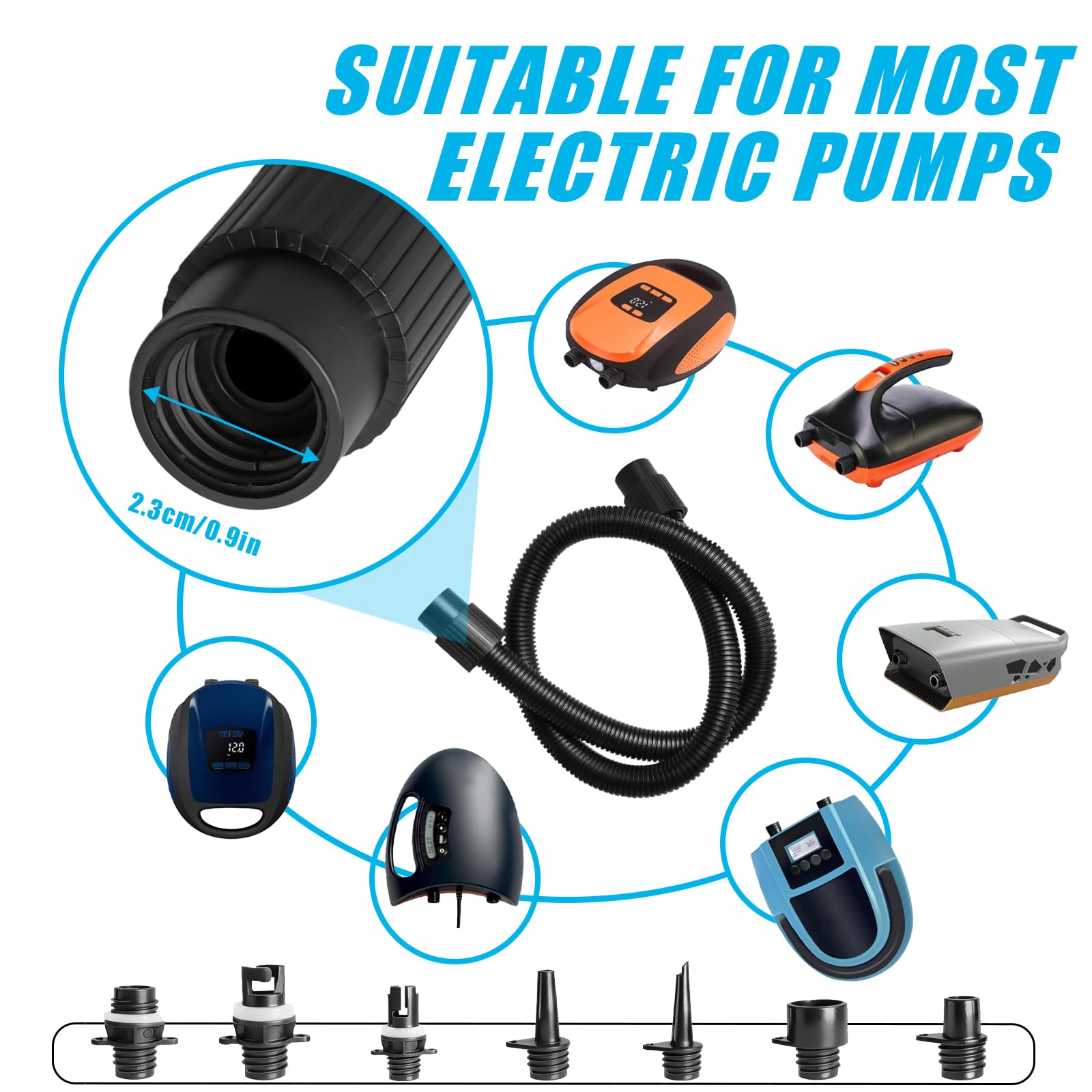 Zestaw adapterów do pompy SUP, nadmuchiwany wąż powietrzny do pompy SUP z 7 końcówkami do zaworów powietrza, elektryczna pompa powietrza SUP akcesoria do łodzi gumowej, nadmuchiwane łóżko, deska Stand