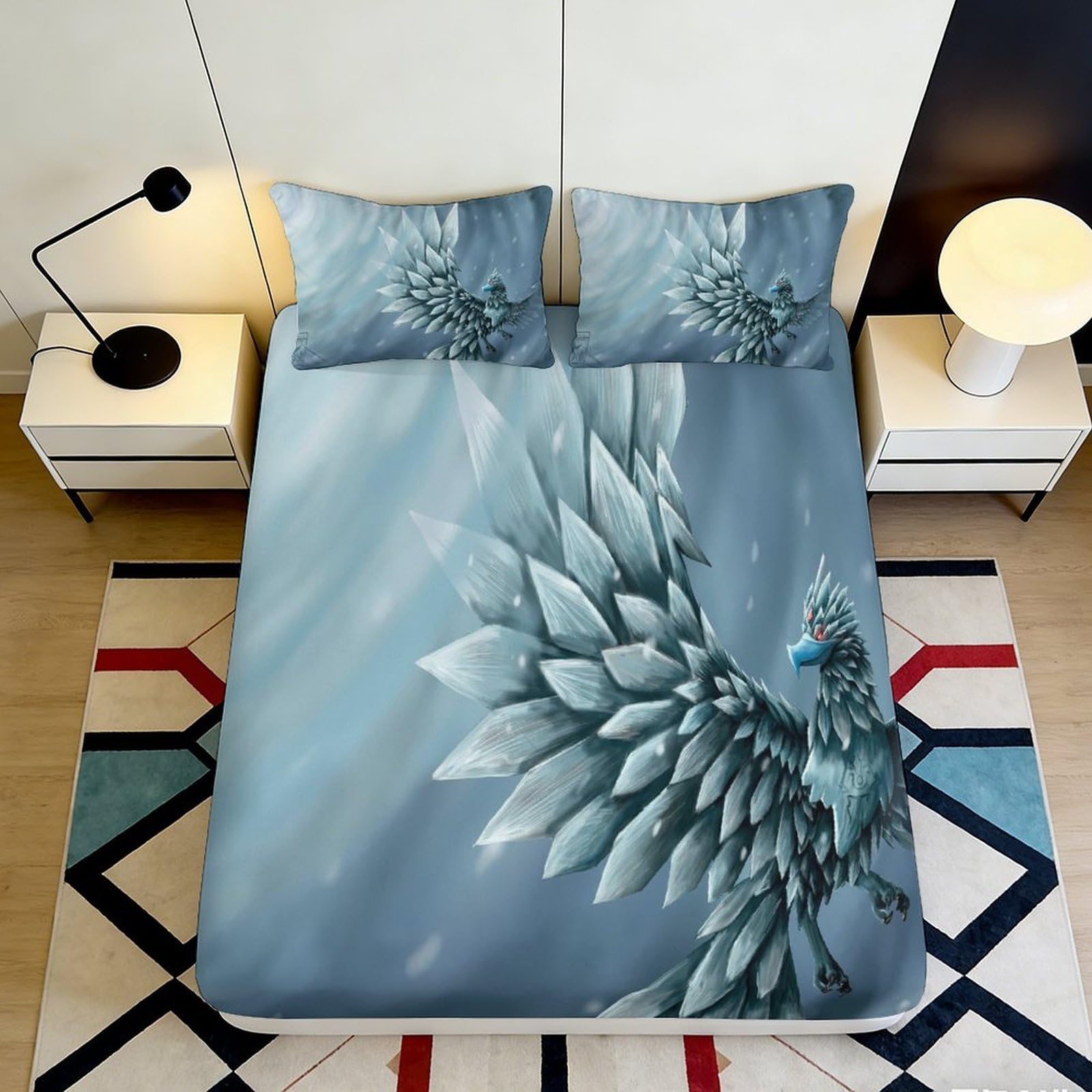 Pnayamiorkfel Style-8 3D Printed Ice Phoenix Fitted Sheet Microfiber Soft Blue Fantasy Bird Mattress Cover For Bedroom Guest Room Decor 90X200x25cm