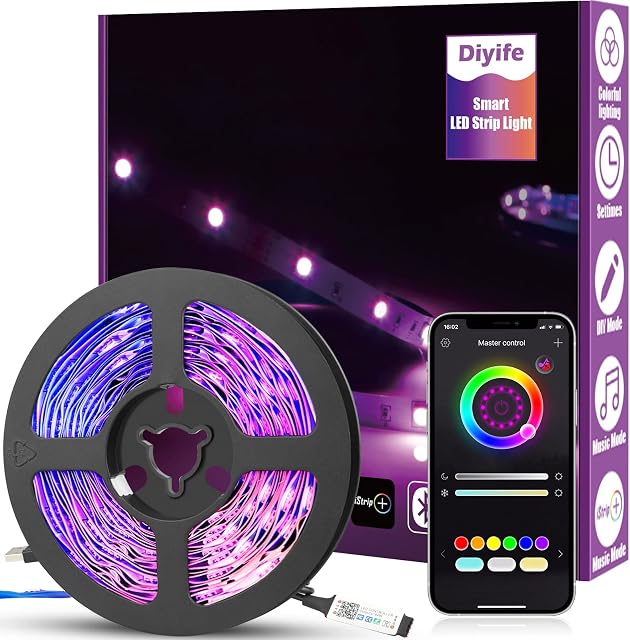 Diyife Smart LED Light Strip, [Timer Function] 6m/19.7ft LED Strip Lights with Bluetooth, 5050 RGB LED Light, 16 Million Colors Changing, App Control, Music Sync, for Home, TV, Christmas, Halloween