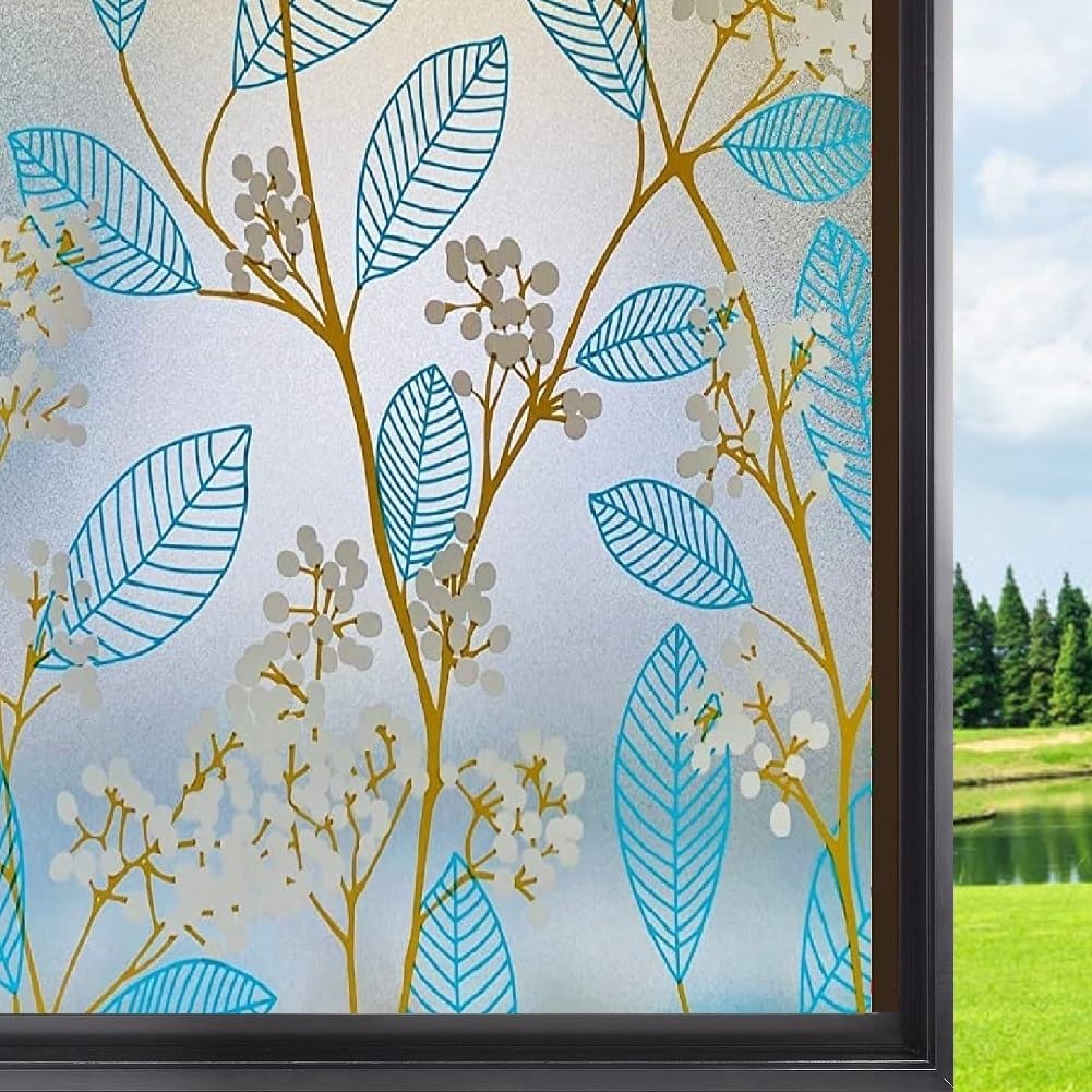 Colormate Vinyl Frosted Privacy Glass Film for Window, Glass Door, Bathroom, Home - Self-Adhesive Decorative Sticker Wallpaper Sheet (Blue Leaves, 12x25 Inch)