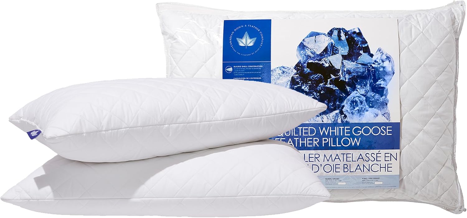 Canadian Down & Feather Co. – 2 Pack Medium Support Quilted White Goose Feather Pillow King Size – 255 TC Shell 100% Cotton – Filled in Canada